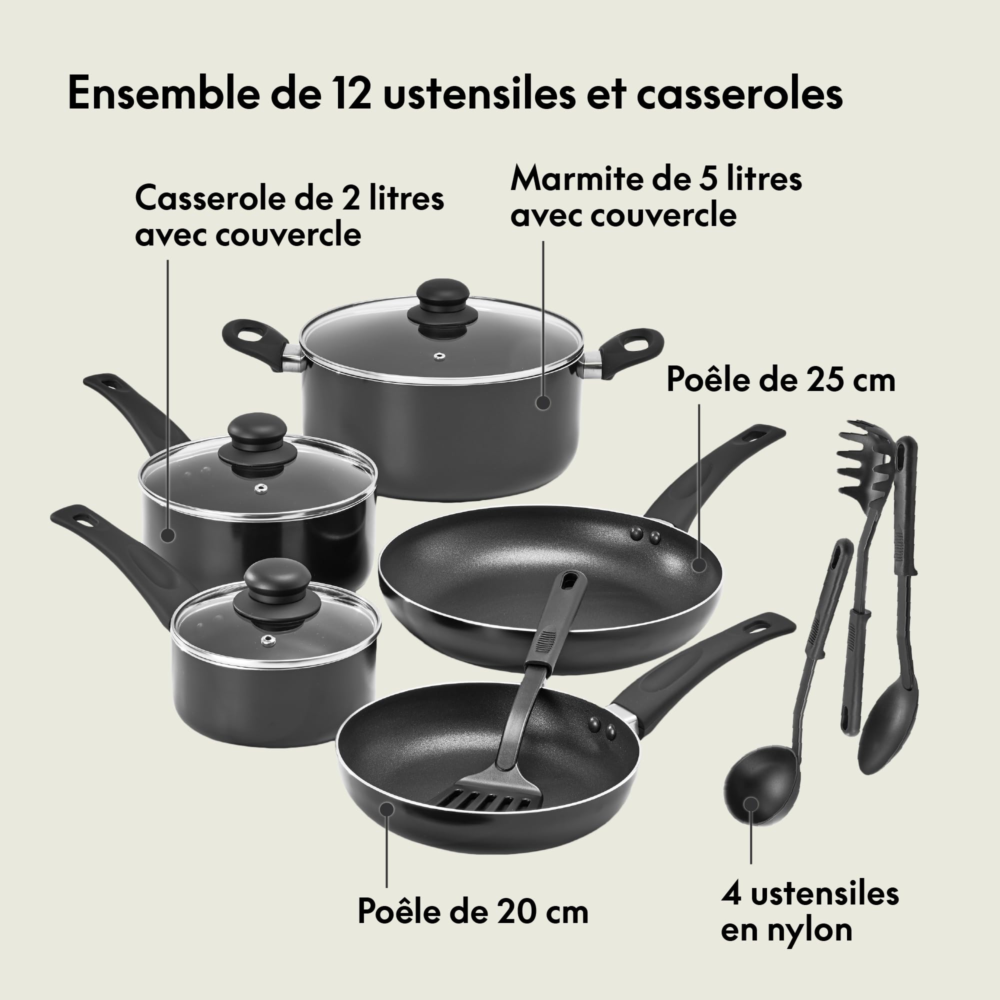 bella Batterie de cuisine, 12 pièces avec ustensiles, antiadhésifs, sans PFOA, surface de cuisson résistante aux rayures, compatible avec toutes les cuisinières, nylon et aluminium, noir