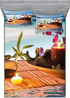 Lunarable Peace Fitted Sheet & Pillow Sham Set, Far East Meditation Items Rocks Candles Scented Spices Tropical Background Photograph, Decorative Printed 3 Piece Bedding Decor Set, Full, Multicolor