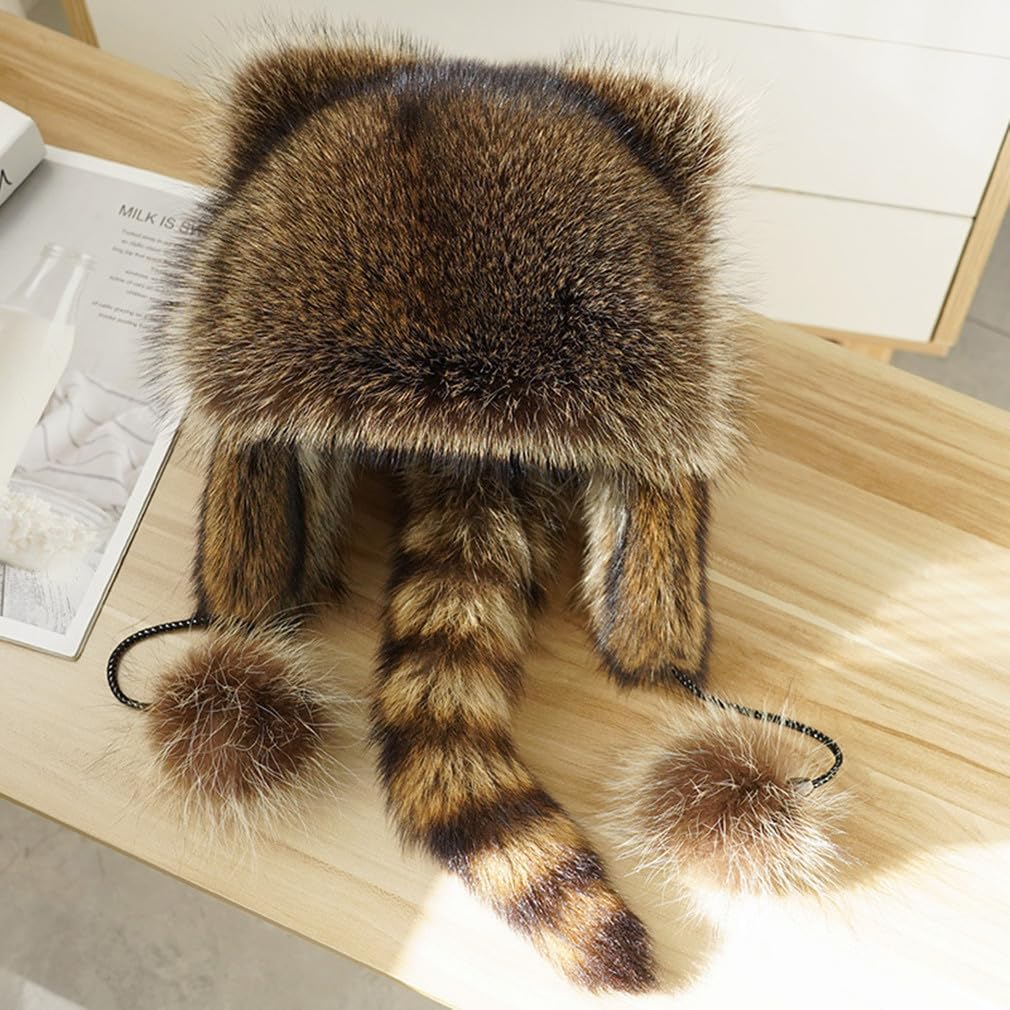 Kids Cute Faux Fur Raccoon Hat Winter Plush Earflap Ushanka Hooded Beanie Animal Ski Cap with Pom Pom Tail Boys Girls 6-10Y