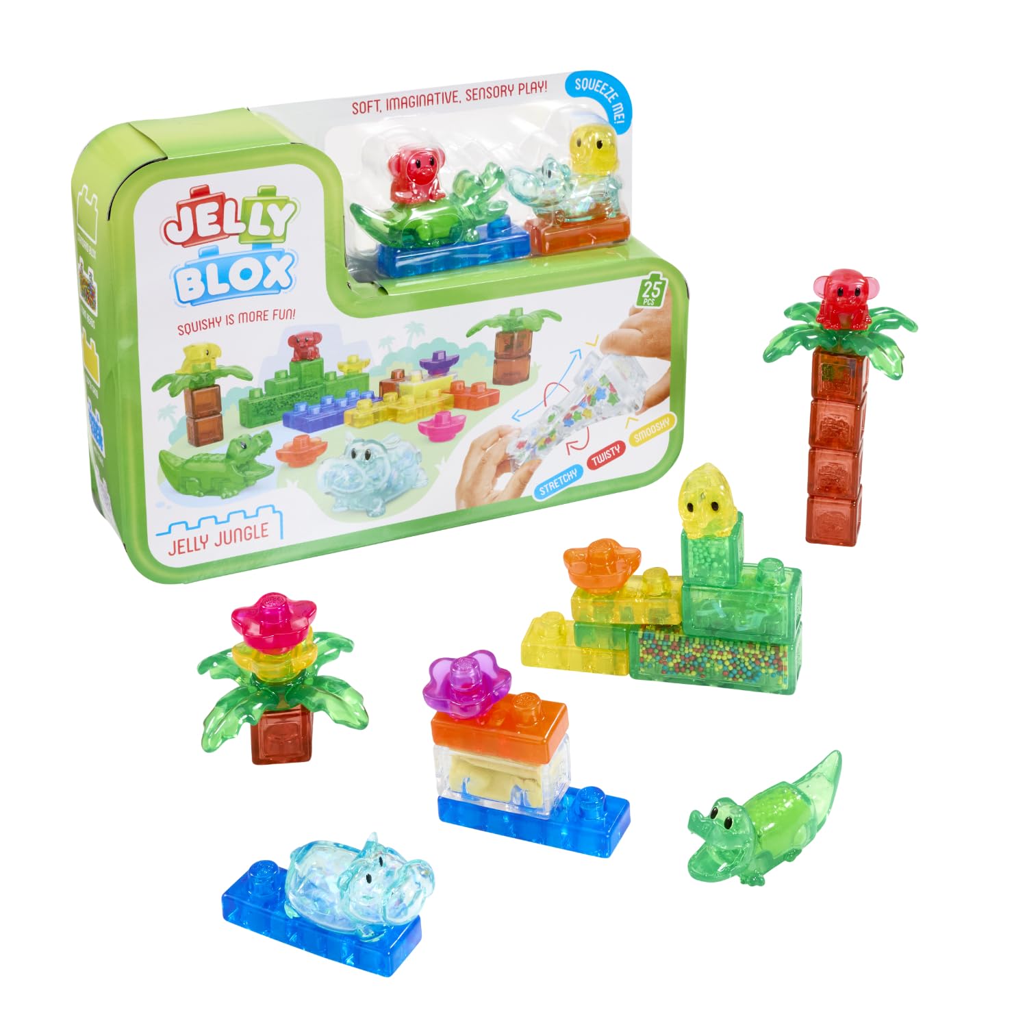Jelly Blox Jungle Set - Includes 25 Blocks - Toddler & Preschool Building Blocks Kids Can Squeeze, Stretch, Squish - Safety Tested & Ouch-Free - Tactile, Sensory Play Toy for Ages 2 Plus