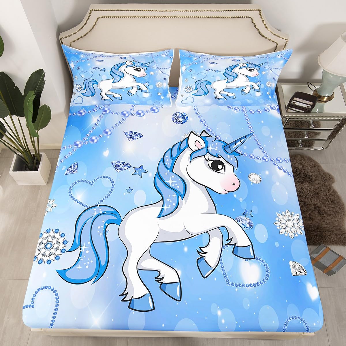 Juego de sábanas de unicornio tamaño King con 2 fundas de almohada con patrón de perlas, juego de sábanas de unicornio para niñas, juego de ropa de cama azul oscuro para niños, niñas y adultos