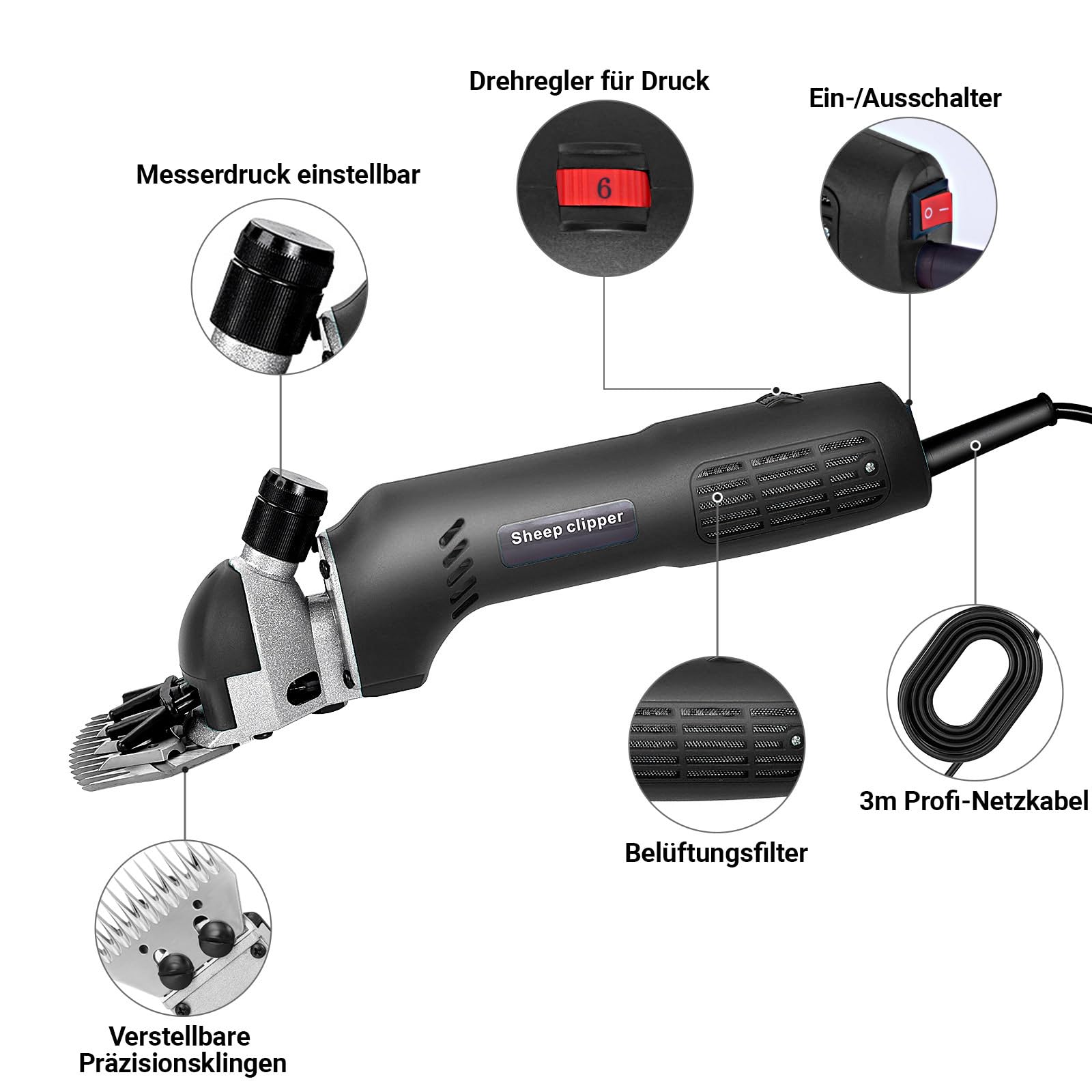 Cortacésped eléctrico para ovejas, cortapelos ovejas 690 W, 6 velocidades ajustables profesionales para afeitar, ovejas, animales lanas, cabras, cuchillas intercambiables, potente motor (Negro)