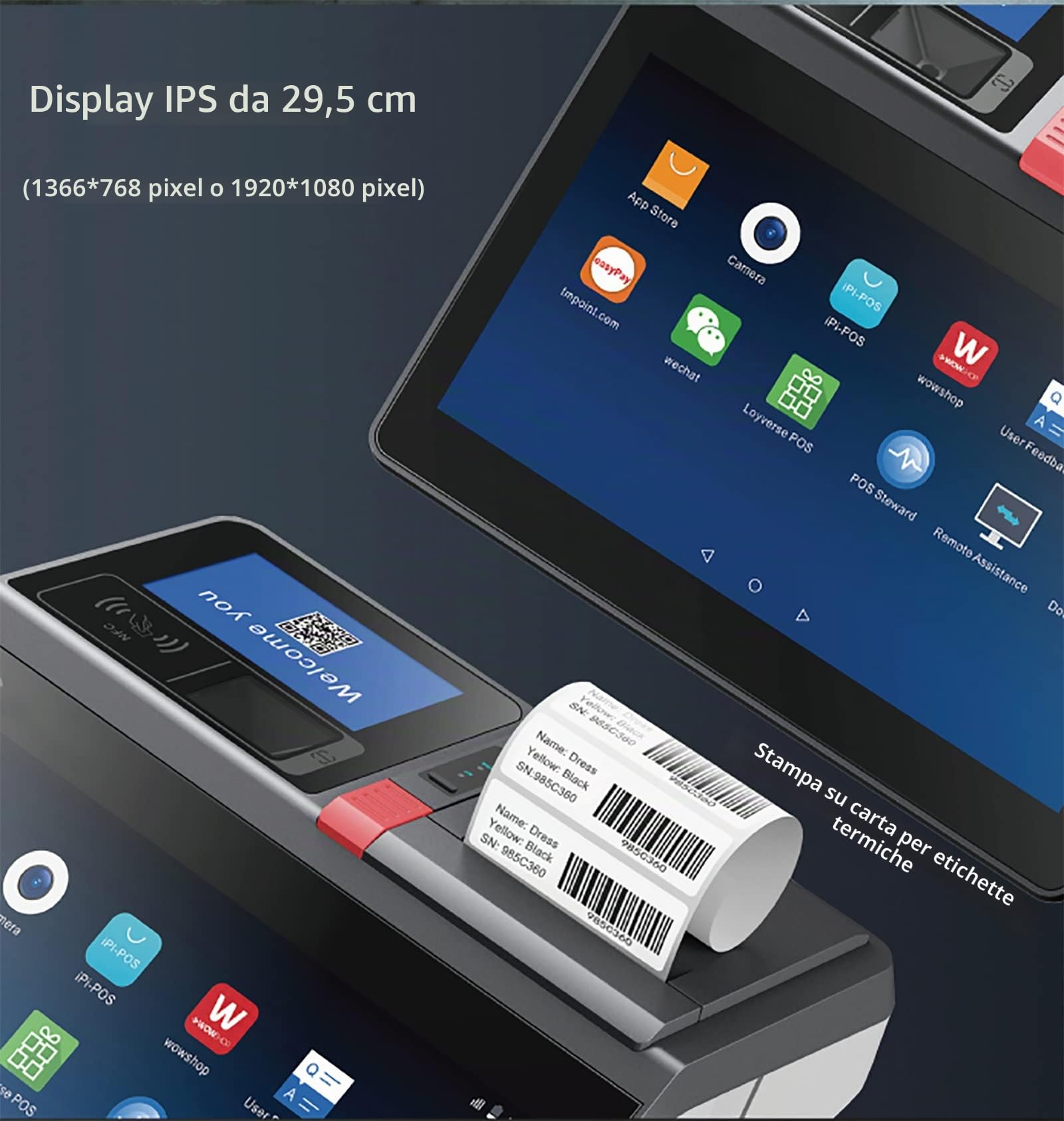 Registratore di cassa touch screen da 11,6 pollici, terminale di pagamento integrato e sistema di cassa per l'accettazione di contactless, chip, carte, stampante di ricevute Terminale Smart POS per Wi