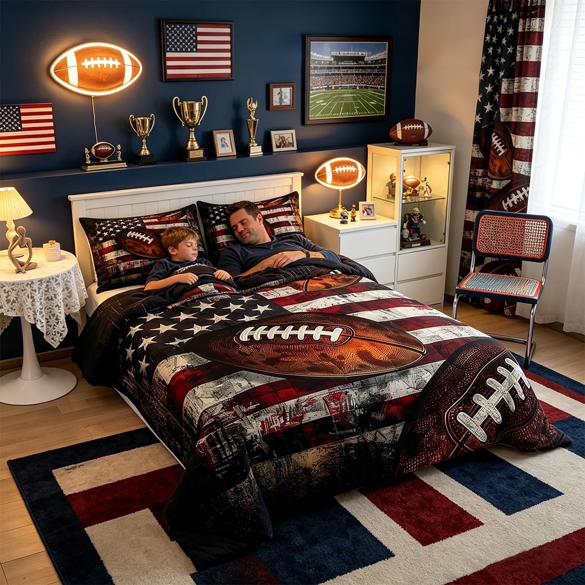 Feelyou Football Comforter Set Queen Size Kids American Flag Comforter for Boys Girls Teens Rugby Gaming Sports Bedding Set Sports Theme Quilt Set