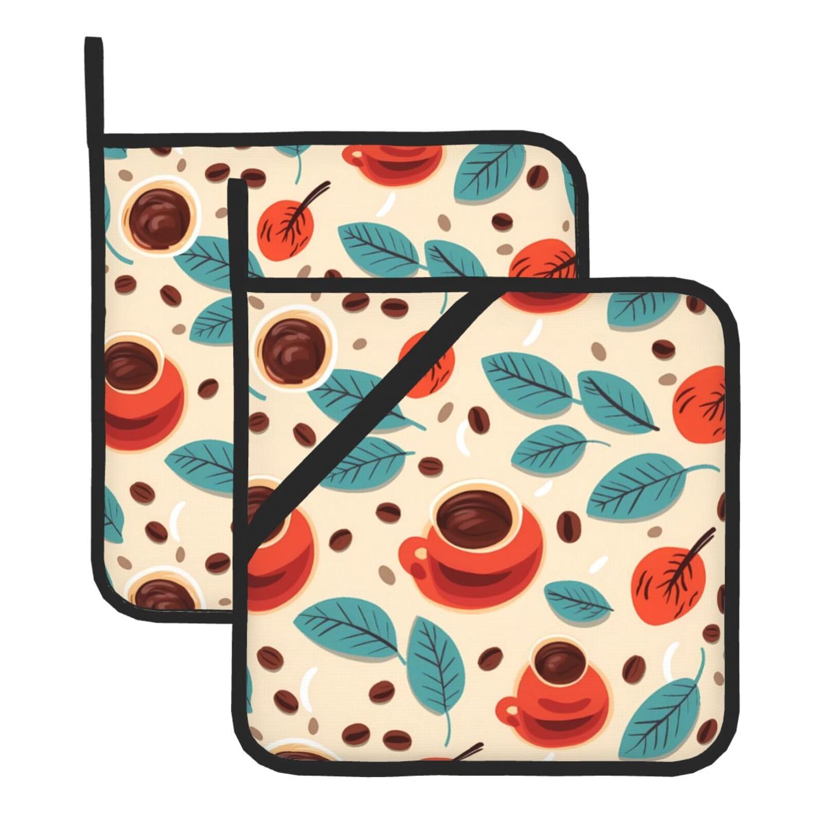 HJFCZH Coffee Beans & Cup Printed Square Insulated Pot Mat Set (2-Piece) 8x8in Waterproof, Thickened & Easy to Clean with Lanyard Design for Kitchen, Oven & BBQ