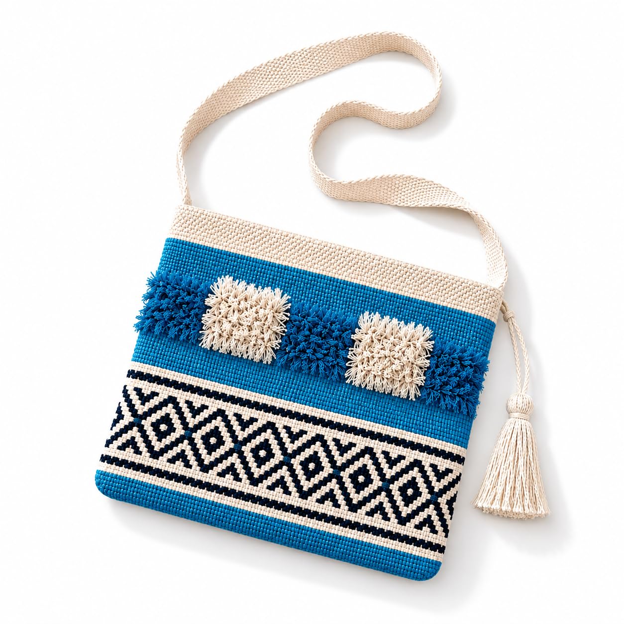 Handcrafted Boho Chic Sling Bag featuring intricate Turquoise Blue and White, Cotton Woven, with Tassel and Women & Girls | Handmade Cotton Crossbody Bag for Daily Use, office, travel,casual outings-image-13