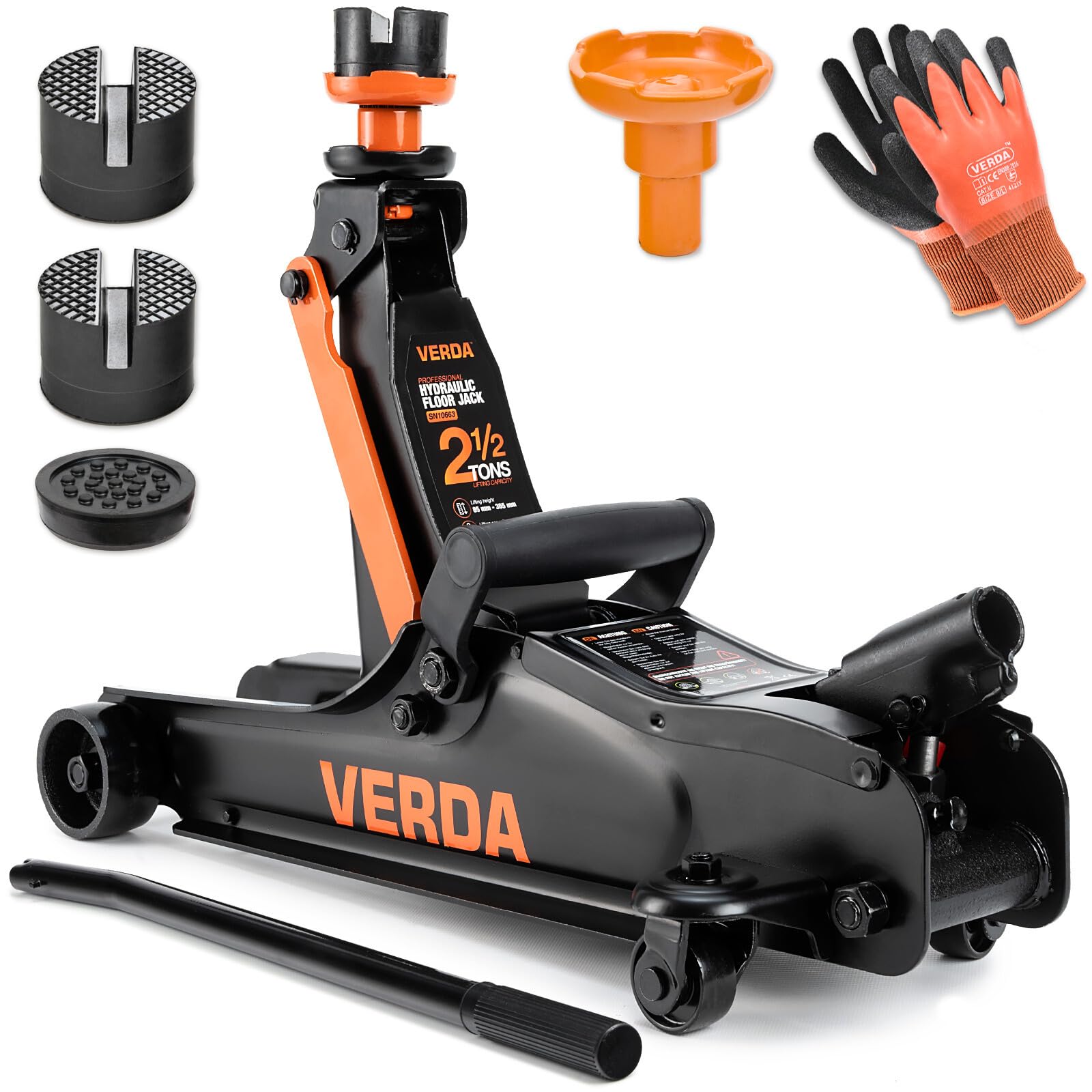 Verda - Gato hidráulico de 2,5 T, 85-365 mm, 3 guantes de goma y guantes de trabajo, gato hidráulico para coche, profesional, soporte, plano, caravana, todoterreno