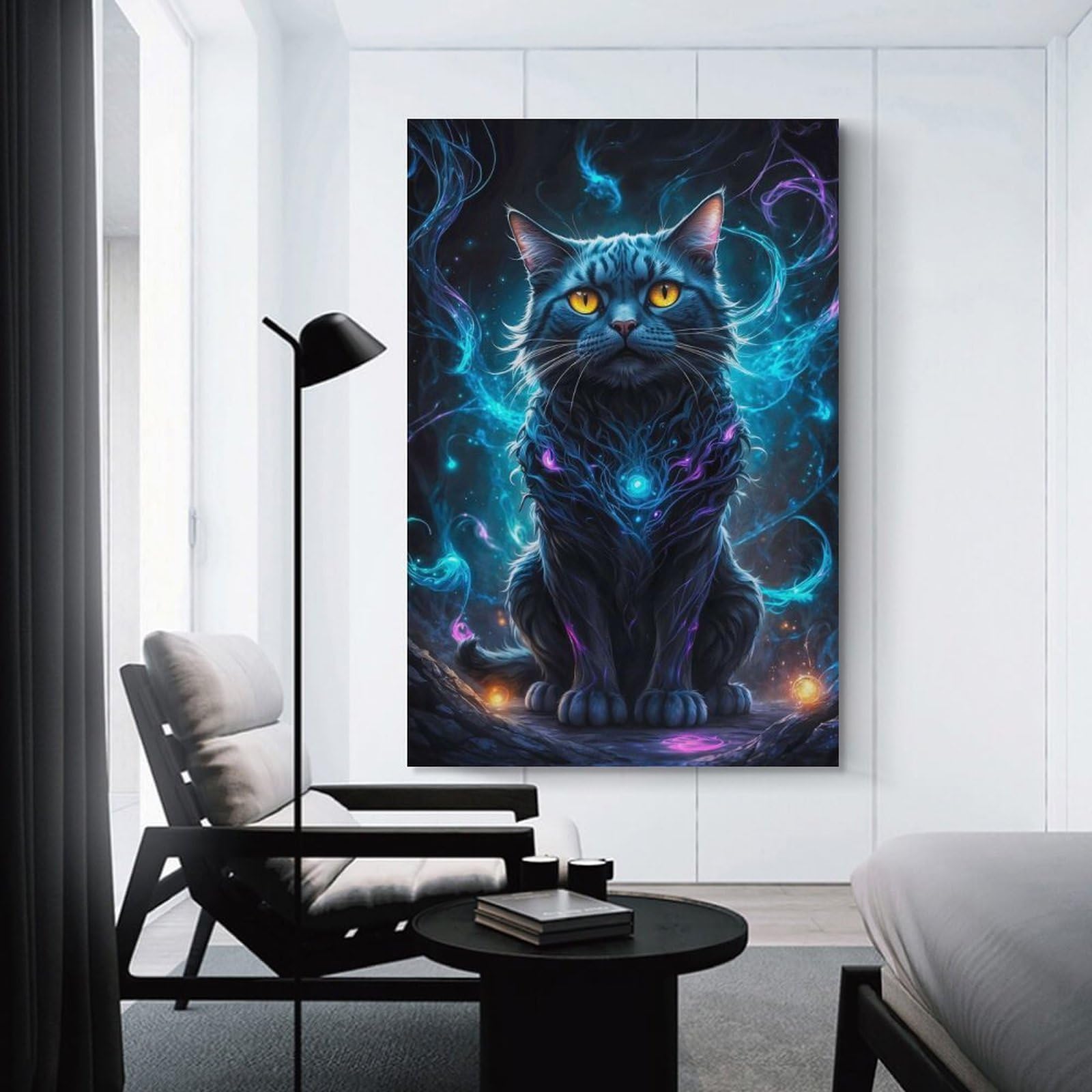 Junmoney Home Decor Wall Art Black Cat in Neon Space, 16x24inch(40x60cm), for Flats, Guest Rooms Or Compact Rooms, Wall Decor with Flexible Room Appeal