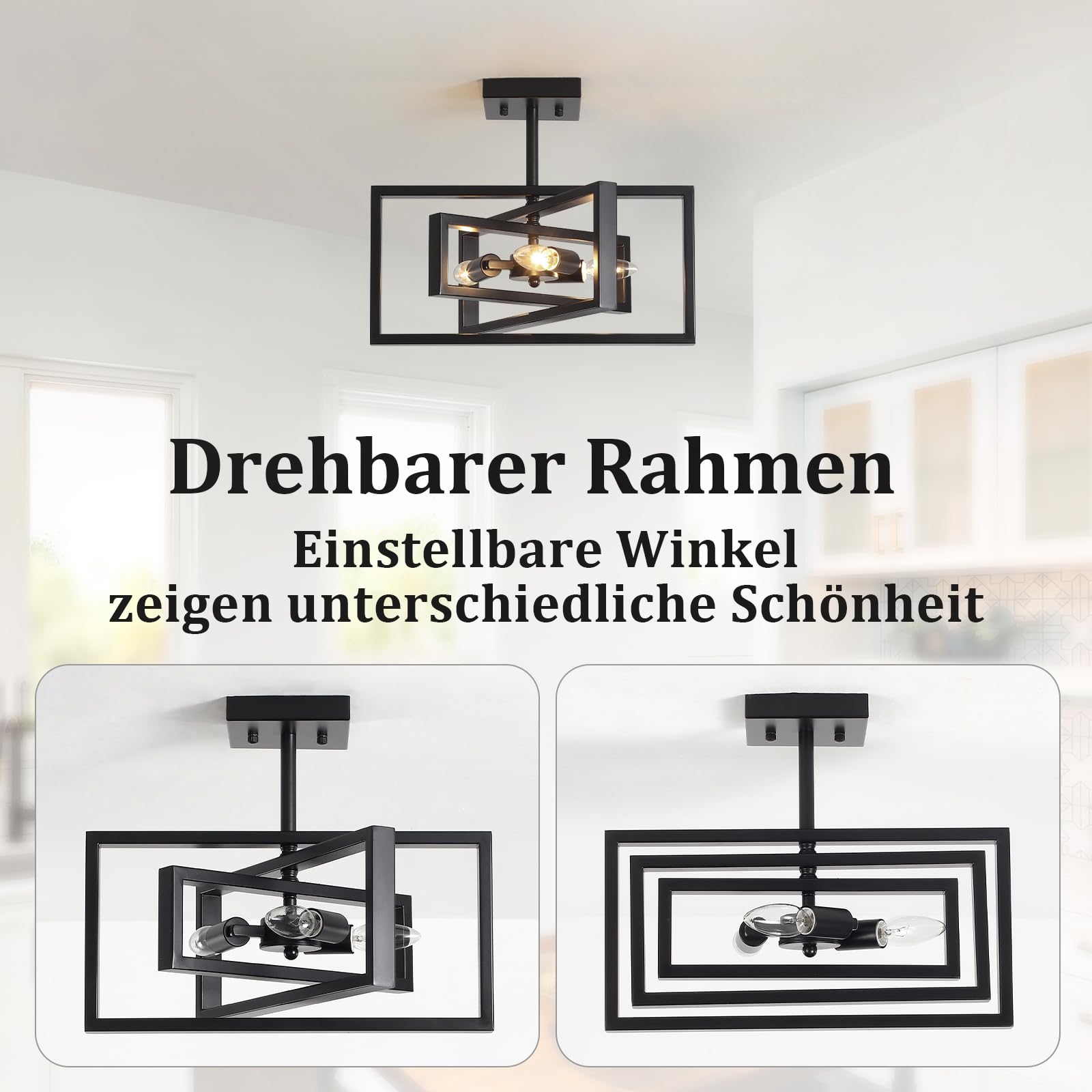 Deckenlampe Wohnzimmer Schwarz - 3 Flammig Deckenleuchte Schlafzimmer - E14 Kronleuchter Vintage Industrial für Küche, Esszimmer, Flur, Eingang