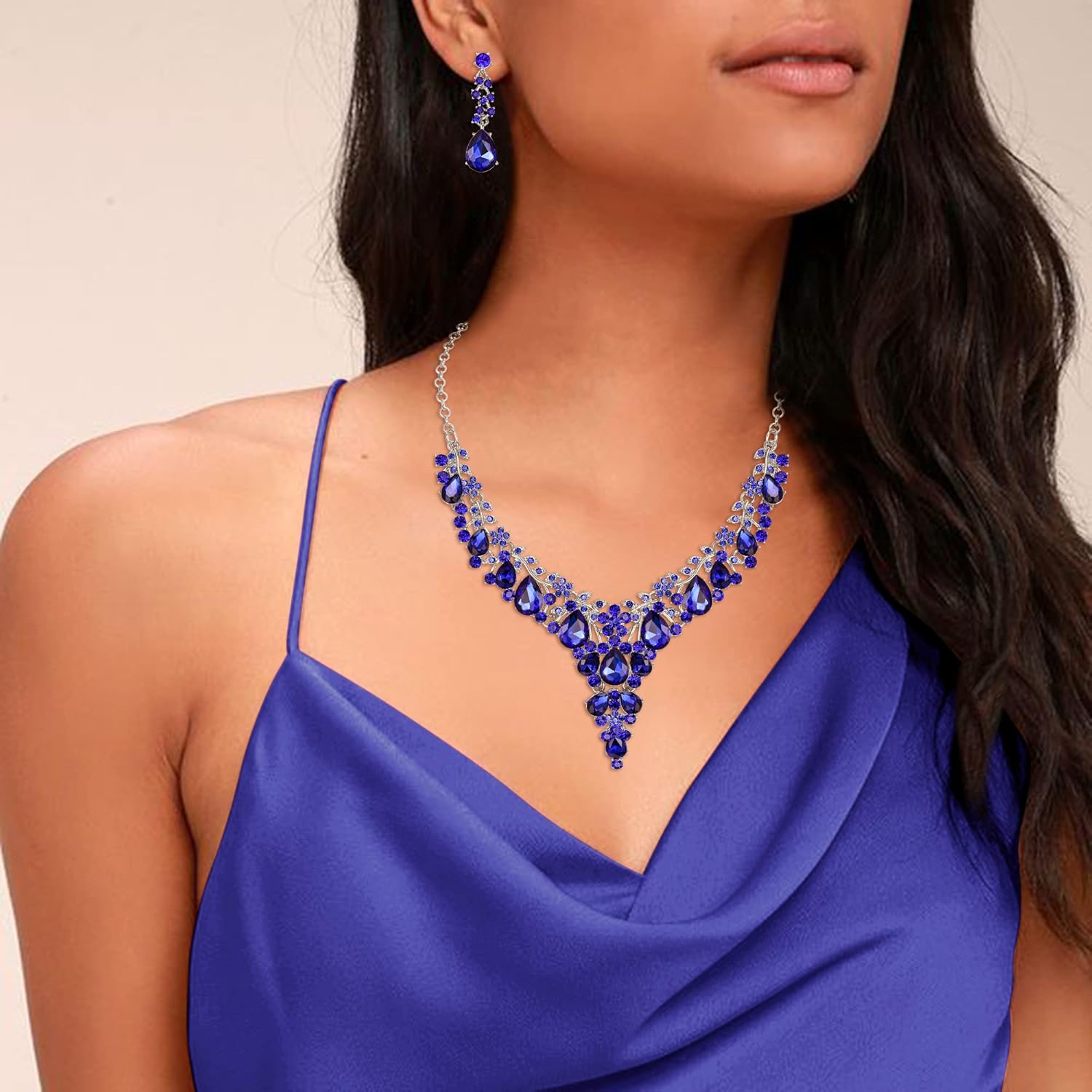 EVER FAITH Bridal Bridesmaid Austrian Crystal Jewelry Set, Statement Flower Teardrop Necklace Drop Dangle Earrings Set - Image 2