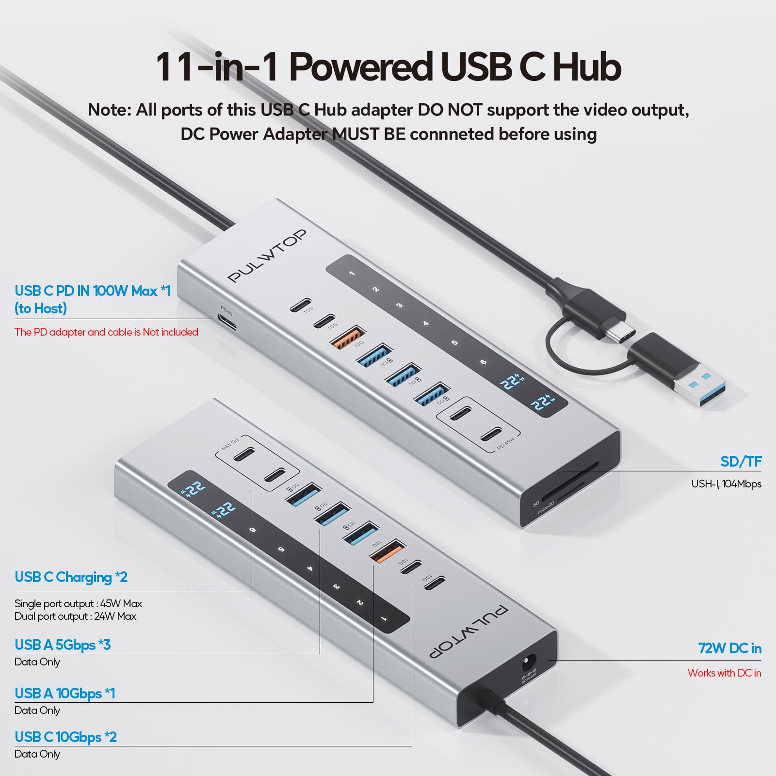 Powered USB C Hub, PULWTOP 11-in-1 USB Hub with SD/TF, 2*USB-C 10Gbps, 4*USB-A 5/10Gbps and 2 * 24/45W Type-C PD Charging Ports (Not Support Video), USB Powered Hub (72W DC Adapter Included)