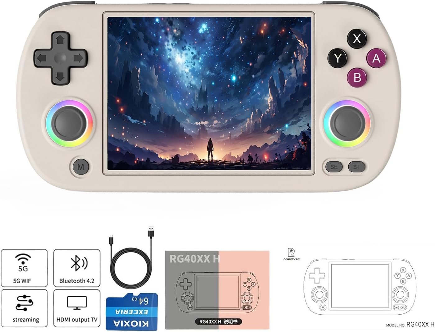 RG40XX H Retro Handheld Game Console 4-inch 640*480 IPS Screen 3200mAh Built-in 64G TF Card Supports Multiple Simulators Linux System with Screen Protector (Gery-64G)