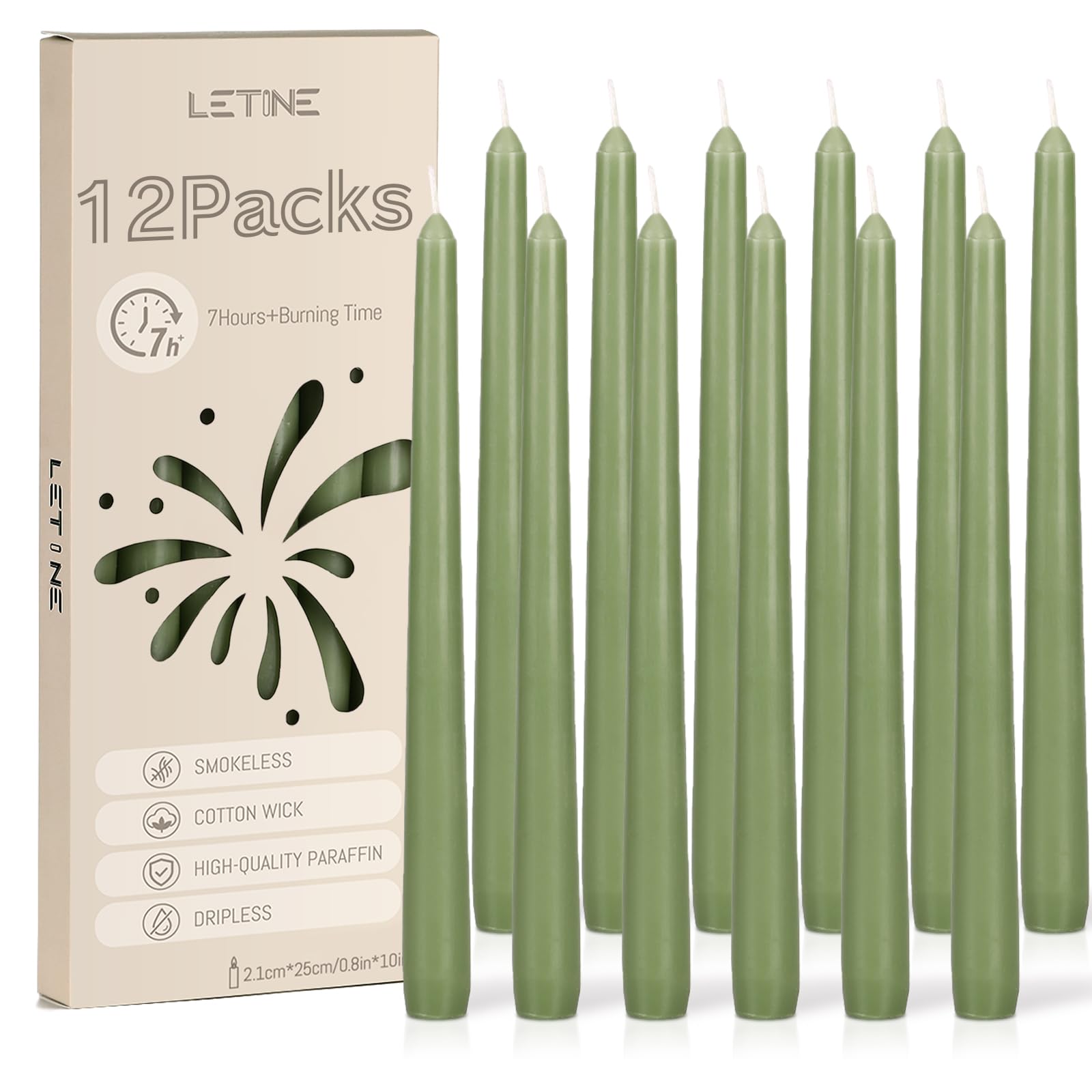 12 Pack Green Tapered Dinner Candles, 7-8 Hour Candlestick Long Burning