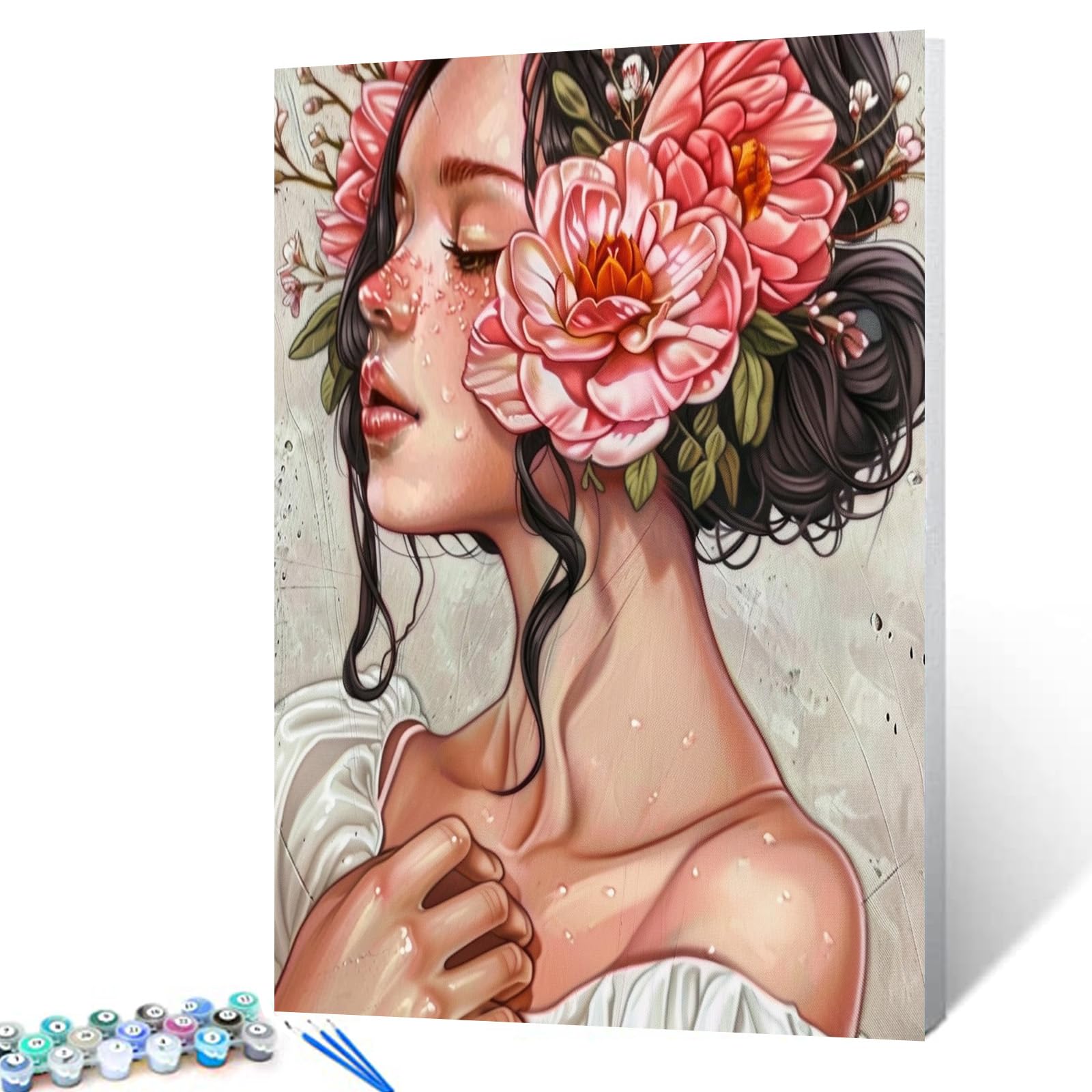 Pretty Girl Surrounded by Flowers Digital Painting Paint by Numbers Kit for Adults Portrait Oil Painting Set Painting for Beginners Bedroom Hallway Wall Decor Gift 16X20In (DIY Frame)