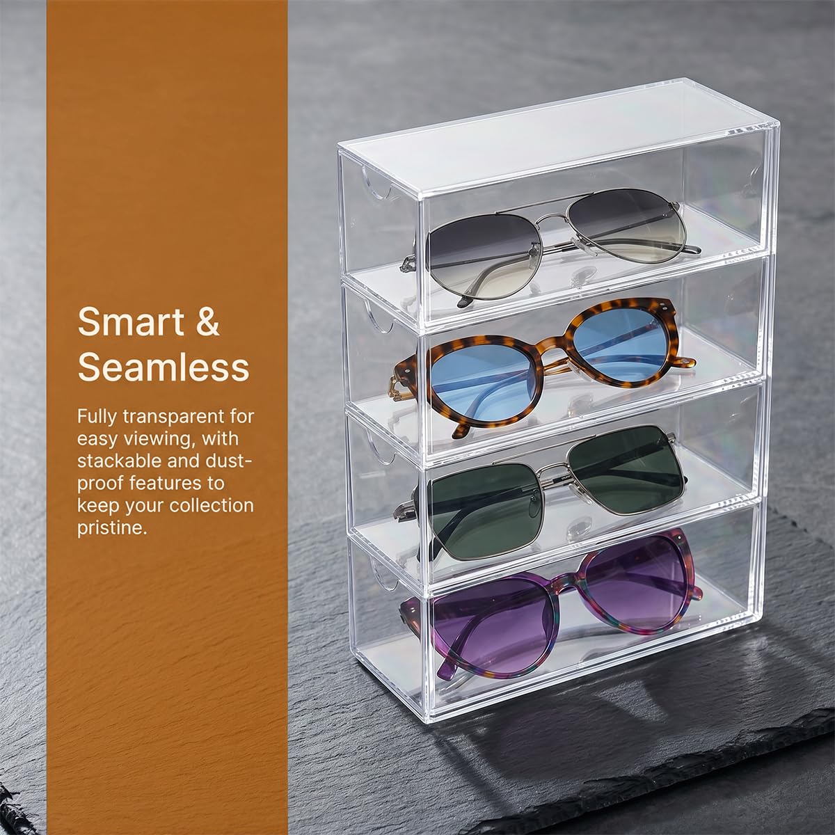 Organizador de Gafas de Sol Acrílico 24,5 x 17,5 x 6,5 cm Caja con 4 Cajones Transparente Apilable