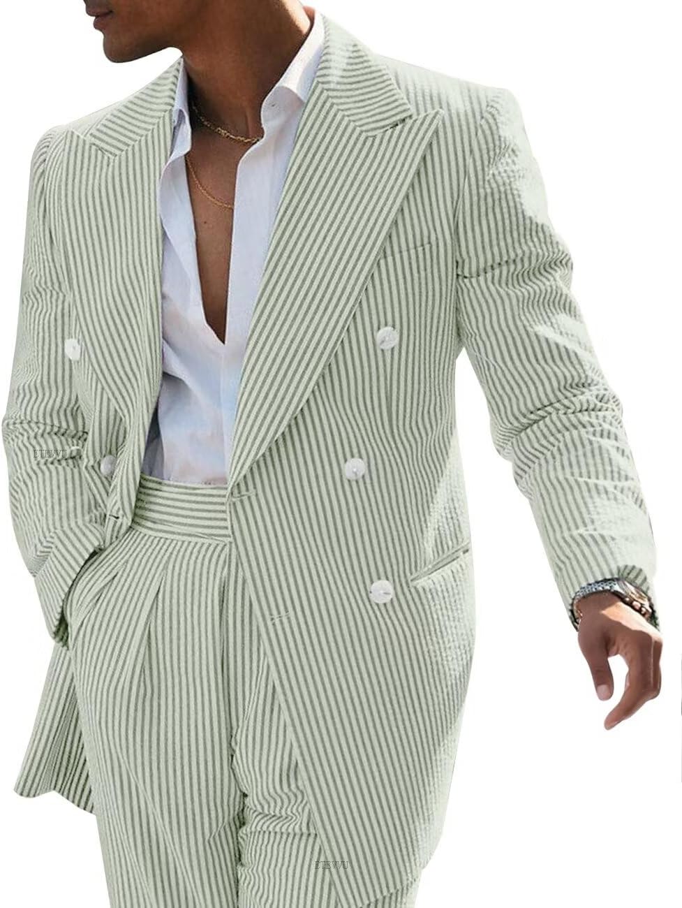 Seersucker Suit Mens 2 Piece Double Breasted Striped Seersucker Casul Summer Beach Men Suits