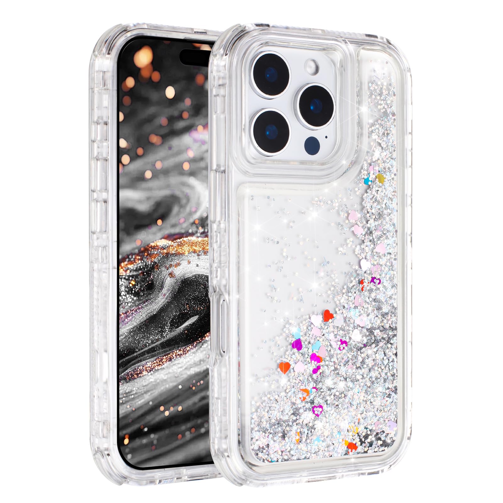 Tikoo for iPhone 16 Pro Case Glitter for Women Girl Clear 3-in-1 Heavy Duty Protective Phone Case with Floating Liquid Quicksand Shiny Bling Sparkly