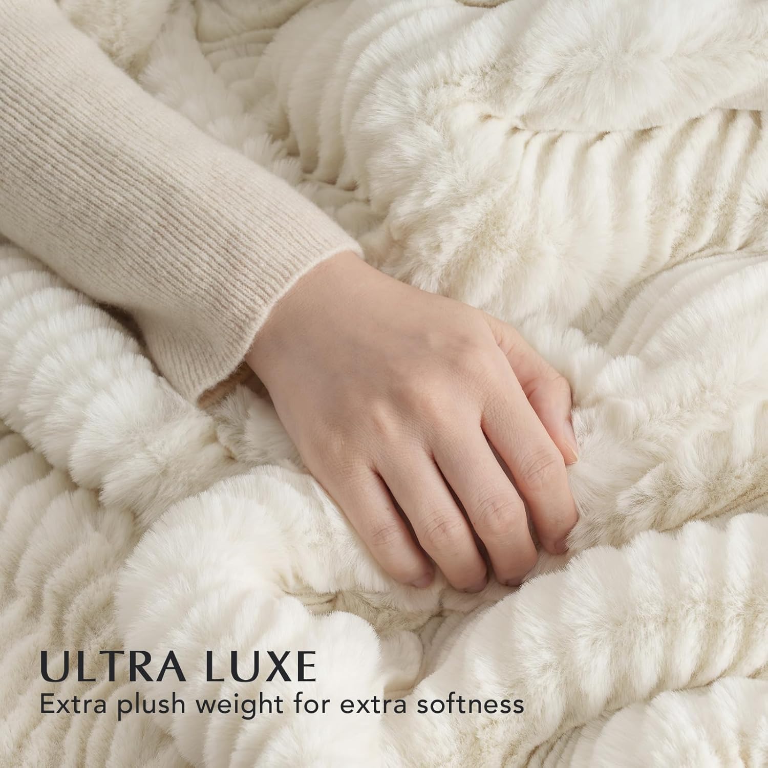 EVERGRACEHOME Ultra Soft Faux Fur Throw Blanket for Couch, Luxury Sculpted Texture Faux Rabbit Fur Blanket for Bed, Fluffy Thick Plush Warm Fuzzy Throw, 920GSM (Ivory White, 50''x60'') - Image 5