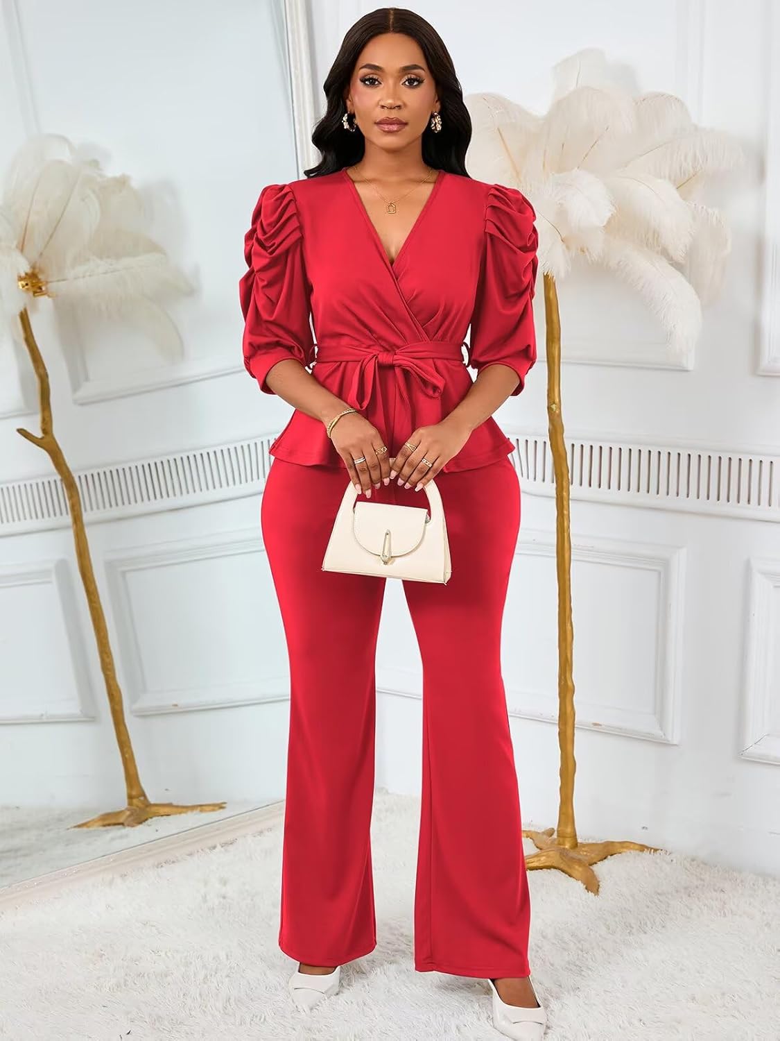 Ekaliy Dressy 2 Piece Pant Sets for Women Fall Outfits Ruffle Top Wide Leg Business Pantsuits - Image 2