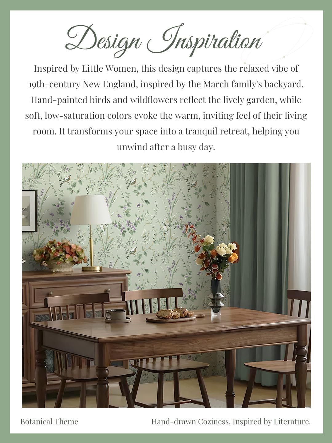 Heroad Green Floral Wallpaper Cottage Botanical Peel and Stick Wallpaper Bird Vintage Contact Paper Removable Self Adhesive Waterproof for Bathroom Bedroom Living Room Vinyl 17.3”x78.7”