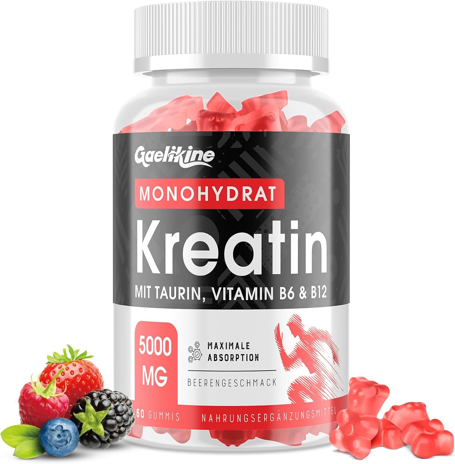 Creatine Monohydraat Gummies 5000 mg, Hoge Sterkte met L-Taurine, B12 en B6, Eenvoudige Pre-Workout Booster voor Prestaties en Spierkracht, Bessensmaak, Veganistisch, 60 Count (Pack of 1)