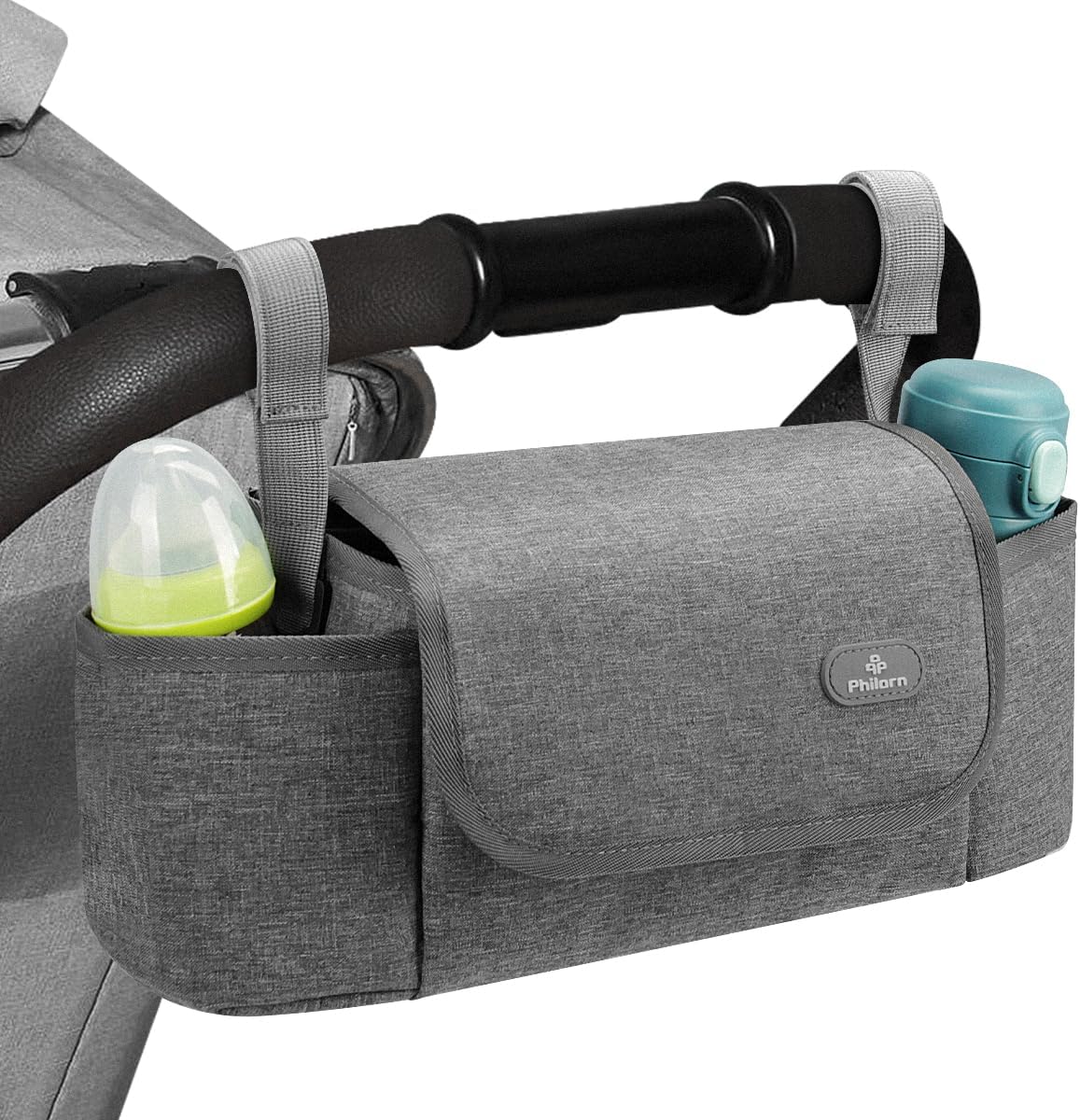 Philorn Stroller Organizer Bag, Universal Stroller Organizer with Insulated Cup Holder, Grey Stroller Caddy Organizer with Detachable Shoulder Strap & Large Space
