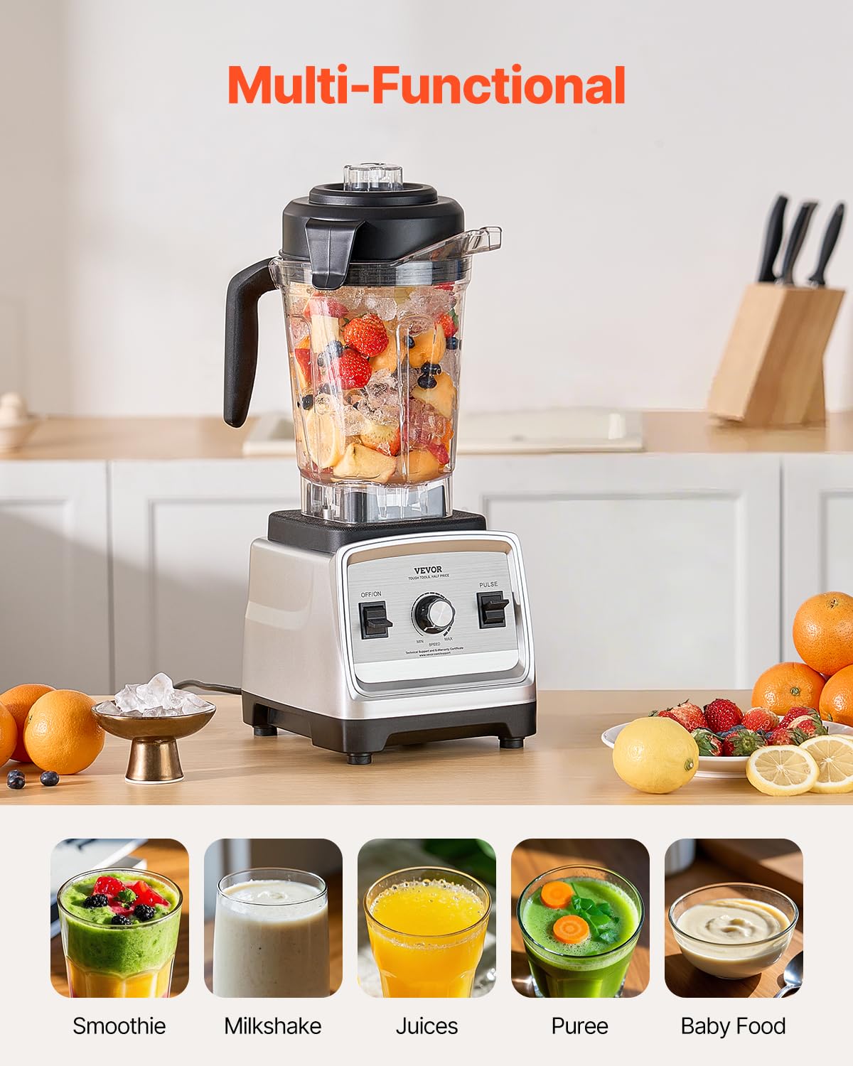 VEVOR Blender do napojów mrożonych 85 uncji 1600 W, blender elektryczny z mocnym silnikiem, wielofunkcyjny mikser do przetwarzania żywności do smoothie do soków do kuchni baru restauracji
