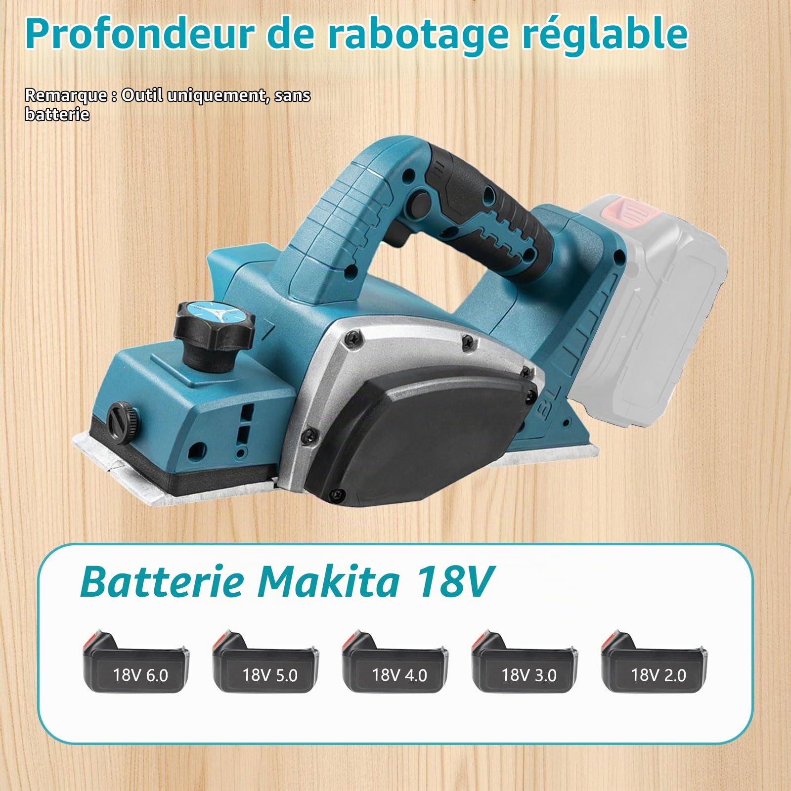 Raboteuse sans fil compatible avec batterie Makita 18 V, 15 000 tr/min, rabot électrique sans balais avec 82 mm de largeur, profondeur réglable de 0 à 2 mm pour meubles de travail du bois (sans