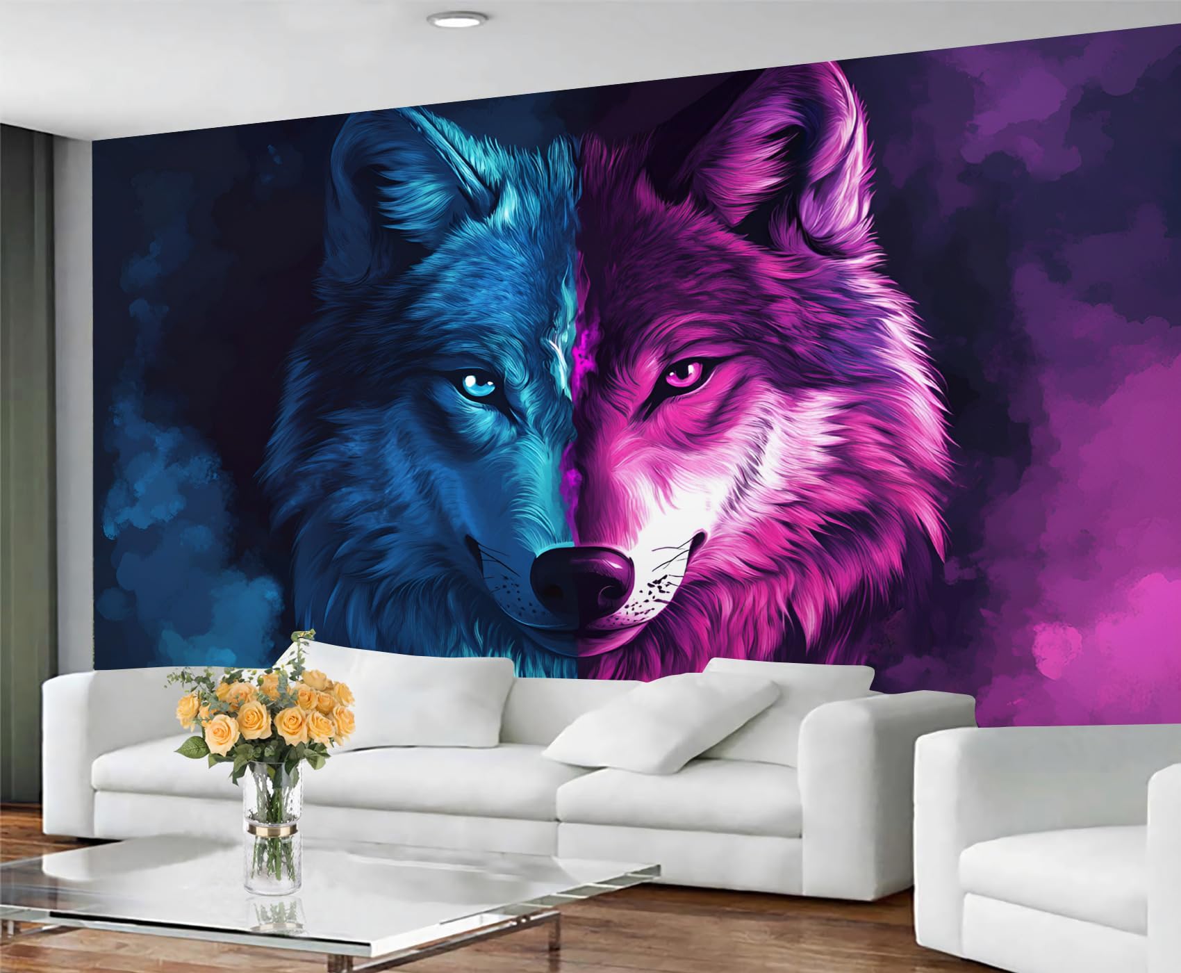 GIVLWF Wallpaper - Fantasy Wolf Home Decor & Mural, Blue Purple Wolf Bedroom Wallpaper, Mysterious Animals Wall Paper for Living Room, Large Wall Mural (Not Self-Adhesive)