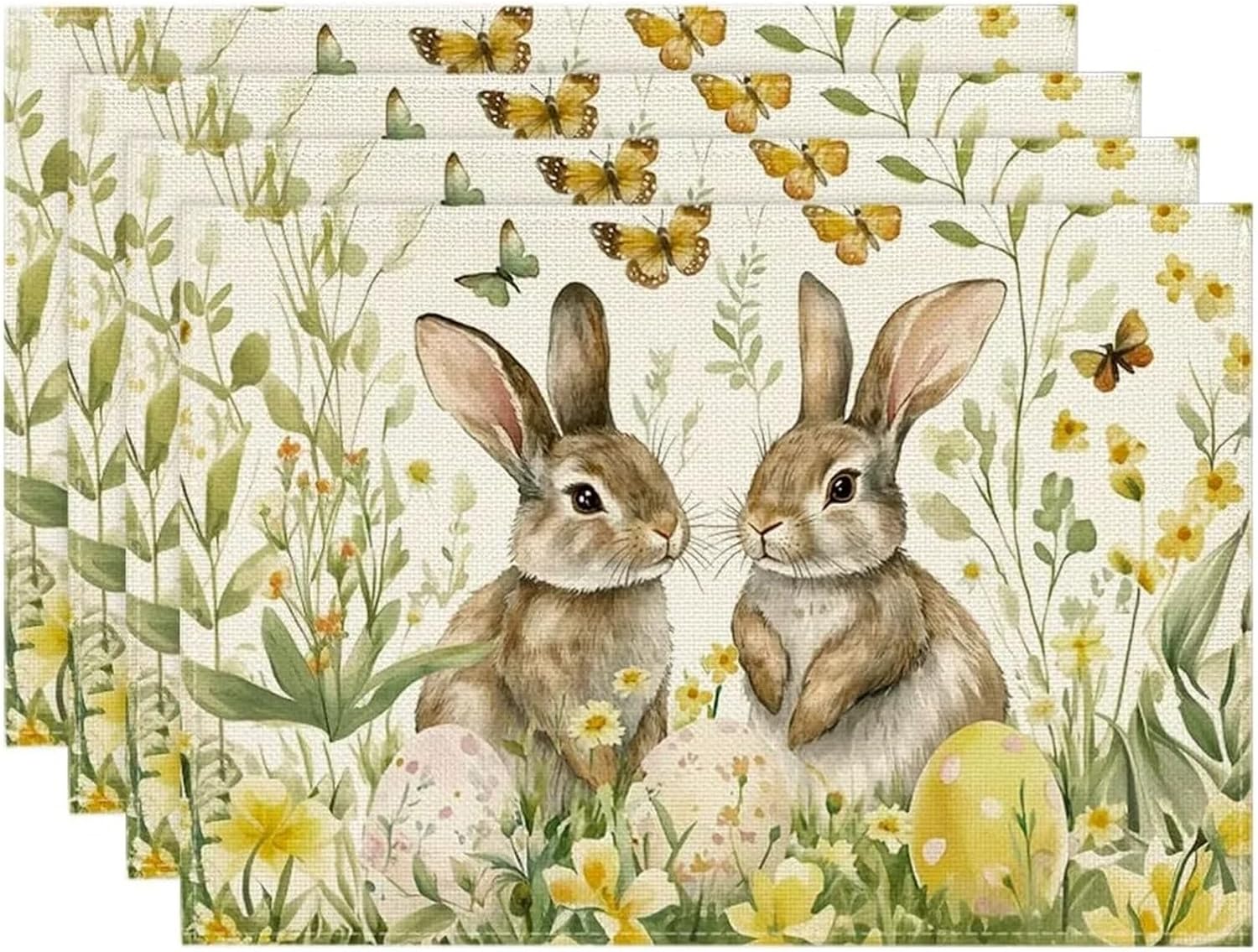 Bunny Rabbits Flower Colorful Eggs Easter Placemats Set of 4,12x18 Inch Seasonal Spring Table Mat for Party Kitchen Dining Decor(6)
