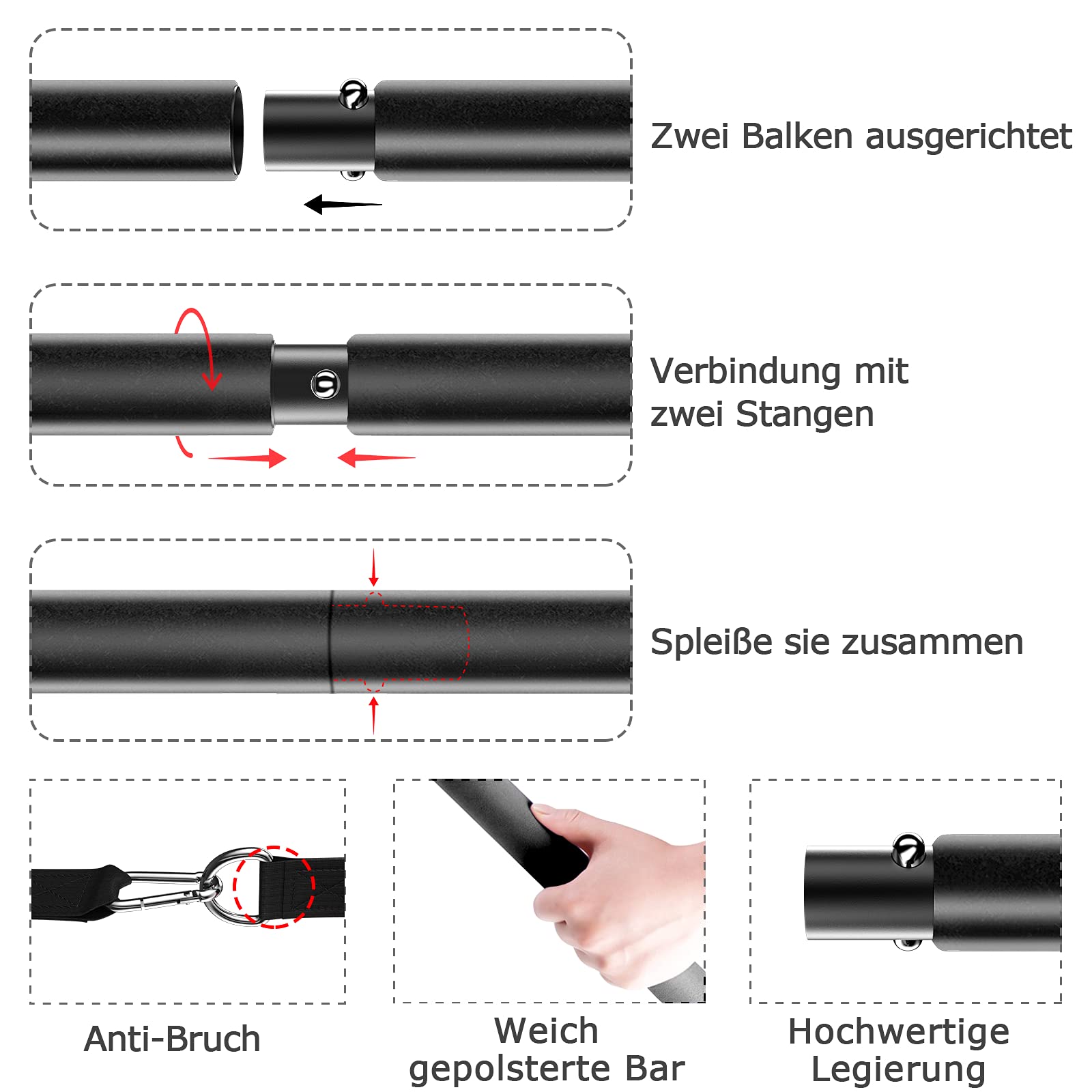 Pilatesstange Set Verstellbar mit 4 Widerstandsbändern, Schaumstoffgriff und Türanker für Beine, Hüften, Tragbares Fitnessgerät für Zuhause, Yoga, Pilates,