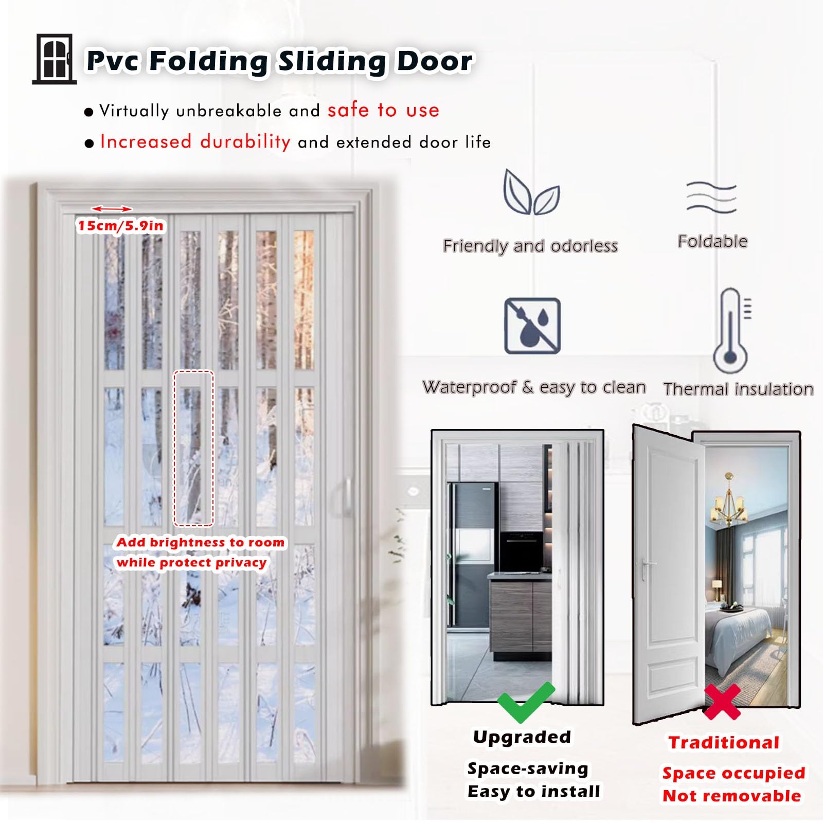 falttür Multifold PVC-Falttüren Für Den Innenbereich, 61 71 76 81 91 96 101 106 121 126 136 141 151 183 203 Cm, Faltschiebetür, Raumteiler Mit Hardware Für Küche/Waschküche/Badezimmer, Weiß(WxH 34x80i