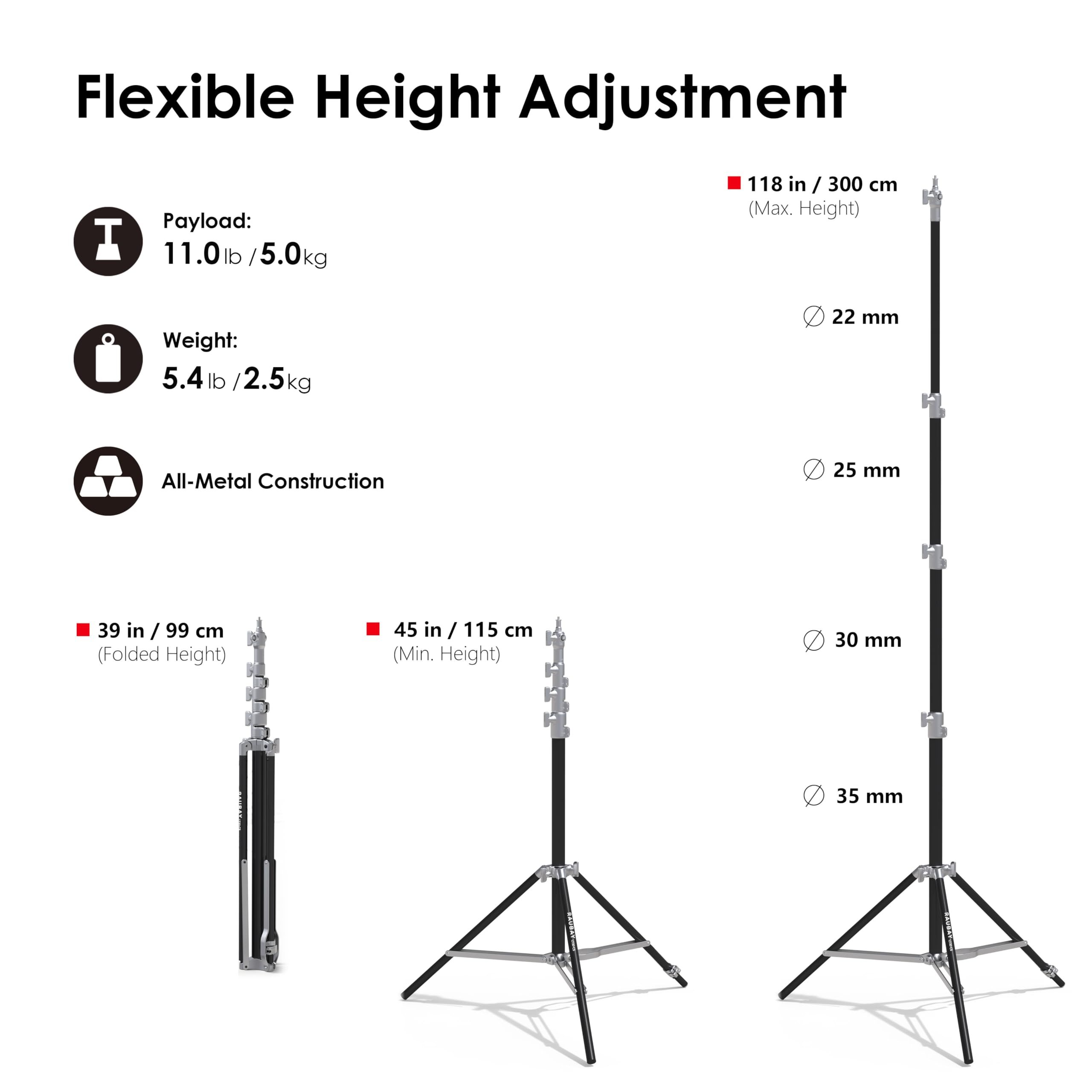 RAUBAY Supporto per luce da 3 m, stile angolare con cuscino d'aria, supporto regolabile per luce fotografica con livella a bolla e gamba angolare, treppiede salvaspazio per softbox, video e fotografia