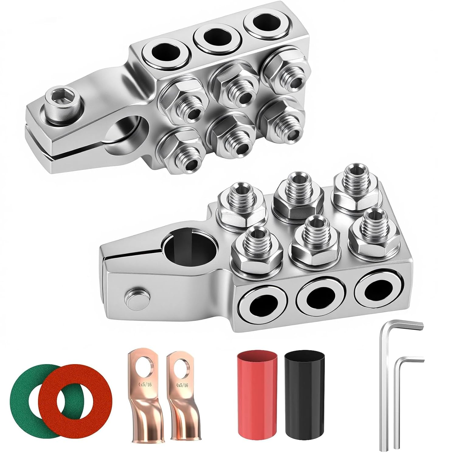 JiiinMiiin Battery Terminal Connectors, 8AWG up to 4/0(XL) AWG Gauge, 12-Way Battery Terminal Clamps, Positive and Negative (+/-)(1 Pair) for SAE/DIN/EN Tapered Top Post