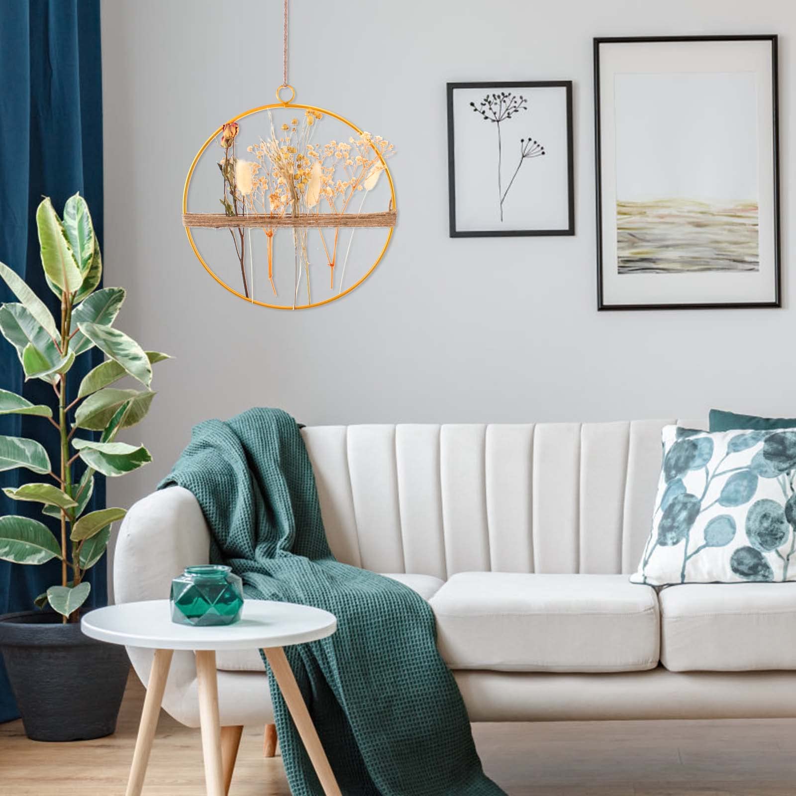 Droogbloemenkrans, 25 cm, decoratieve metalen ring met droogbloemen om op te hangen, gouden metalen bloemenkrans, decoratieve ring voor ramen, muur, deur, woonkamer, boho decoratie