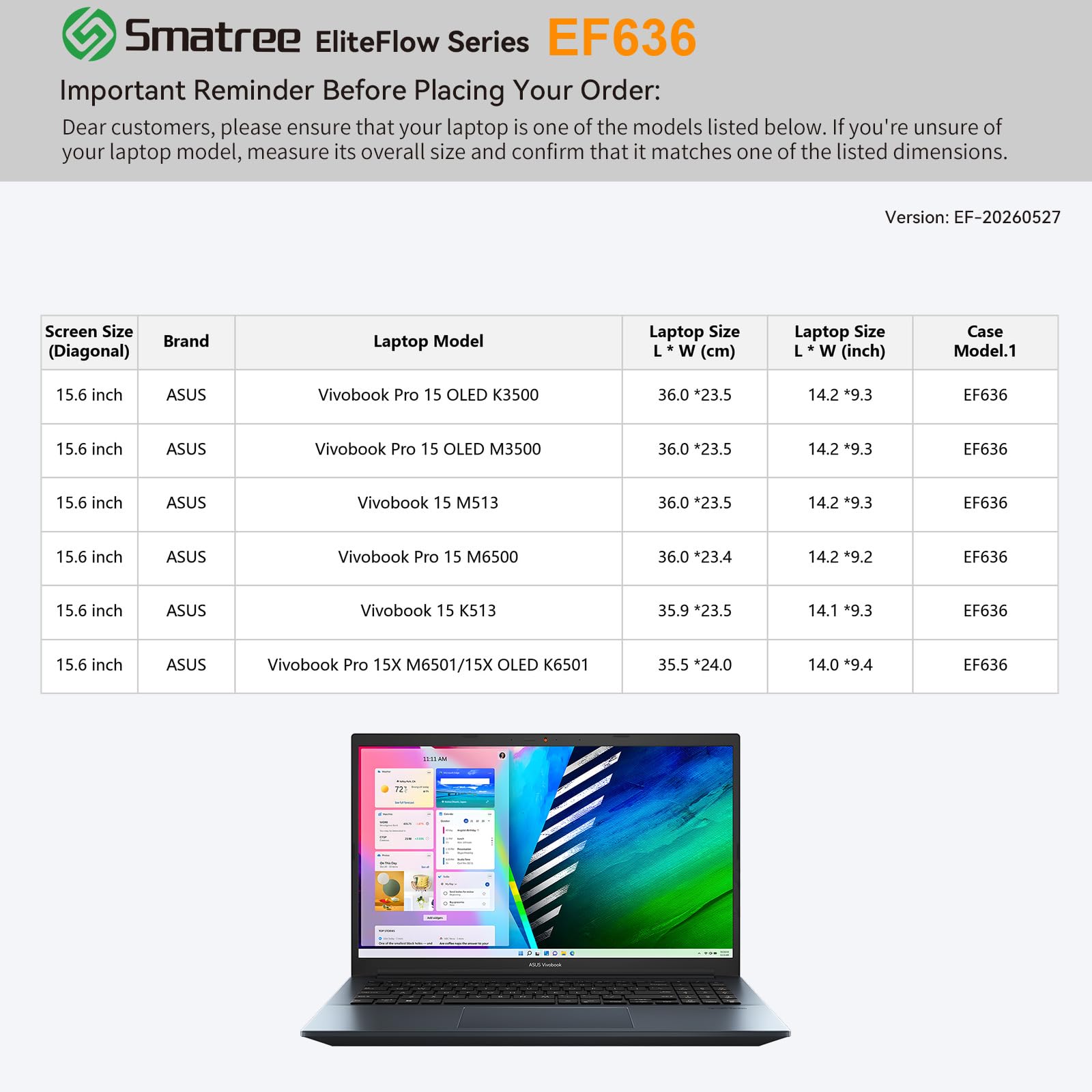 Smatree EliteFlow Etui na laptop 15,6 cala do ASUS Vivobook 15