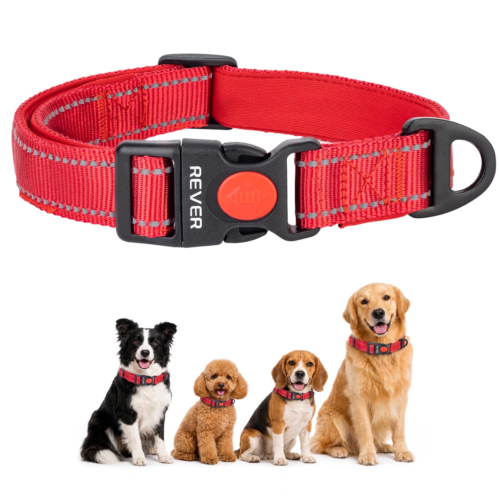 REVER Reflective Dog Collar, Nylon, Soft Neoprene Padded, Durable