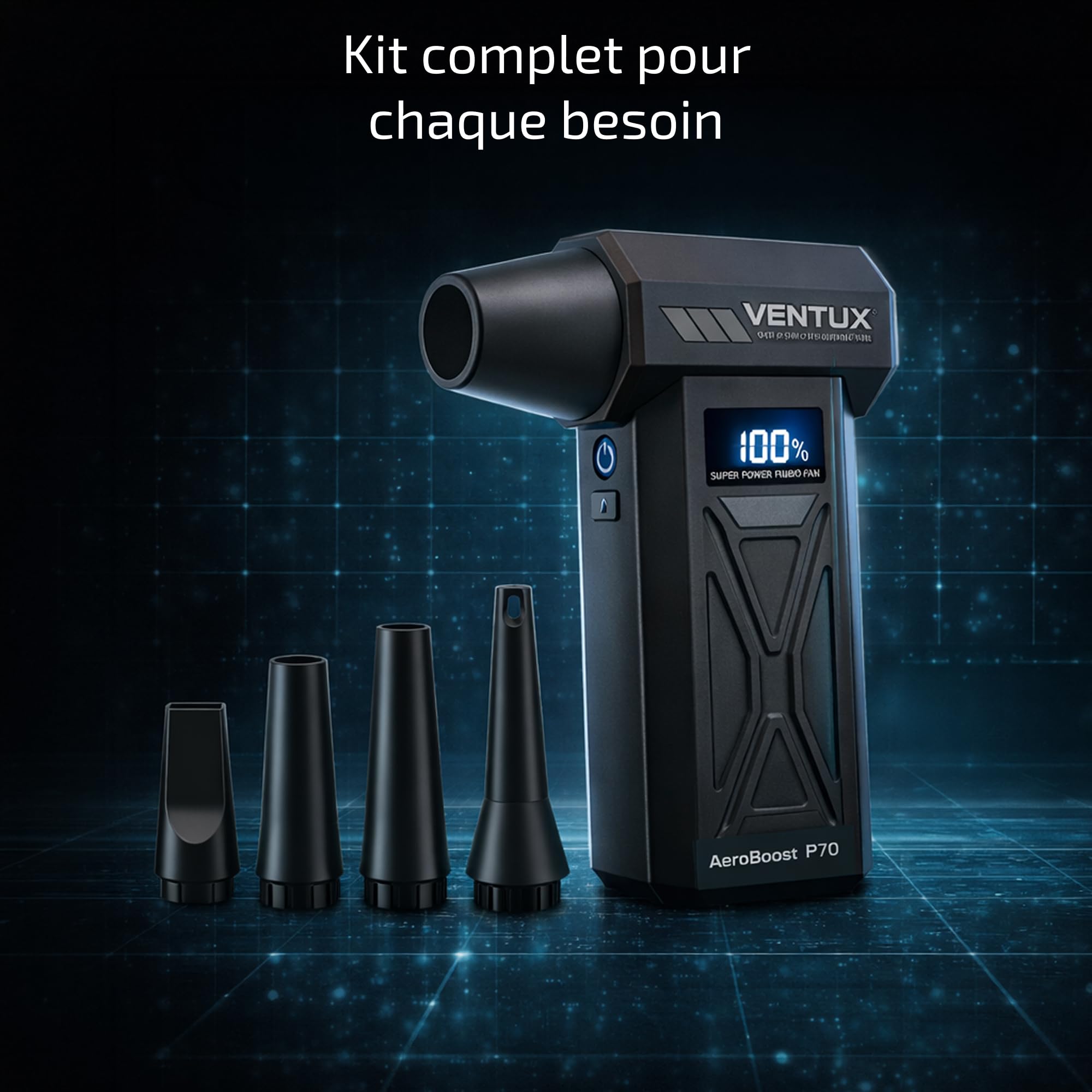 AeroBoost P70 110W – Souffleur d'Air Portable Sans Fil Rechargeable | 4 Vitesses Écran LCD + LED | 4 Buses Interchangeables | Nettoyage Clavier PC, Voiture, Caméra, Console