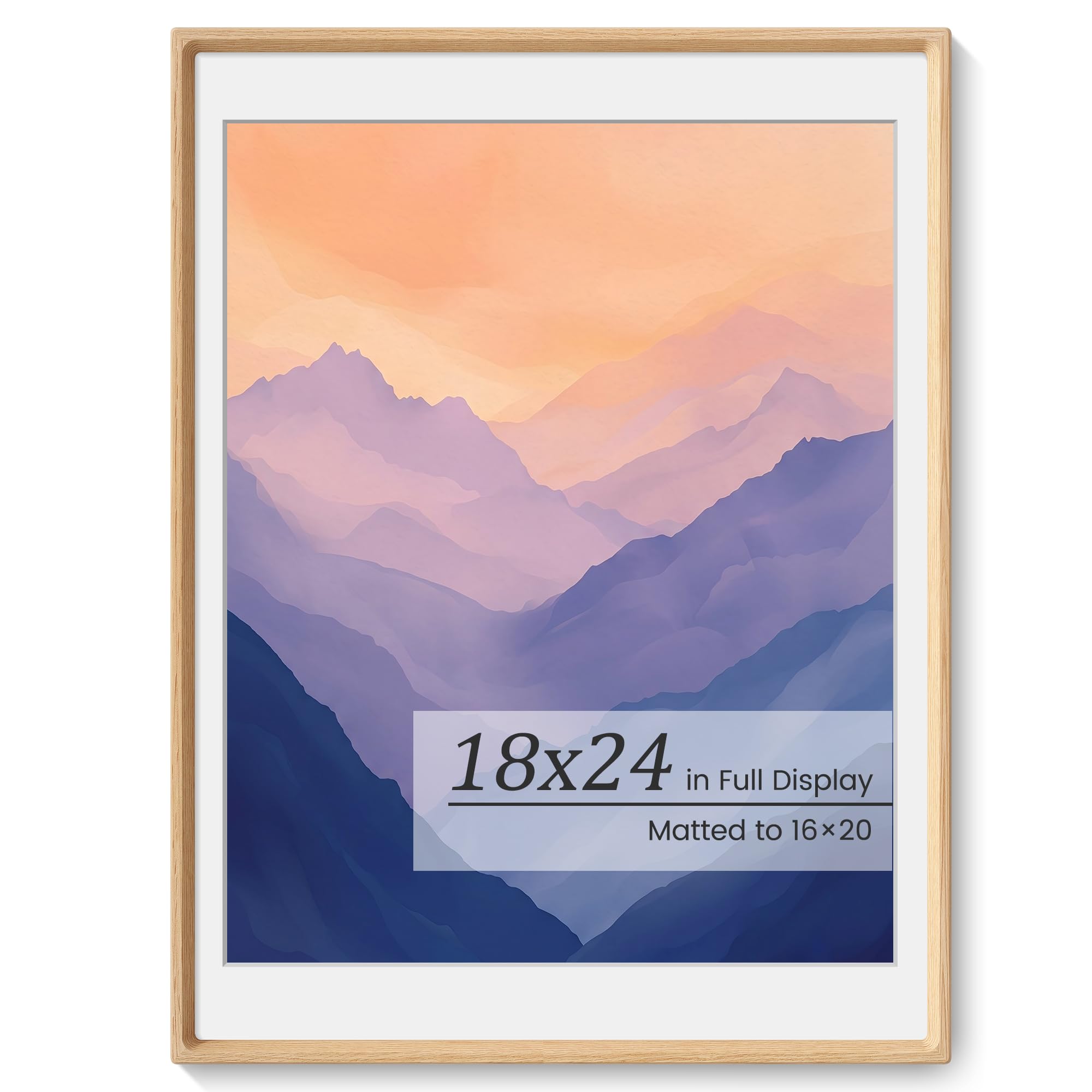 KovaScape Picture Frames, Solid Oak Wooden Frame,Round Corner Hand Craft Poster Frame, 18x24 Matted to 16x20, 18 by 24 Frame with HD Real Glass,Wall or Tabletop Display for Family Picture Artwork