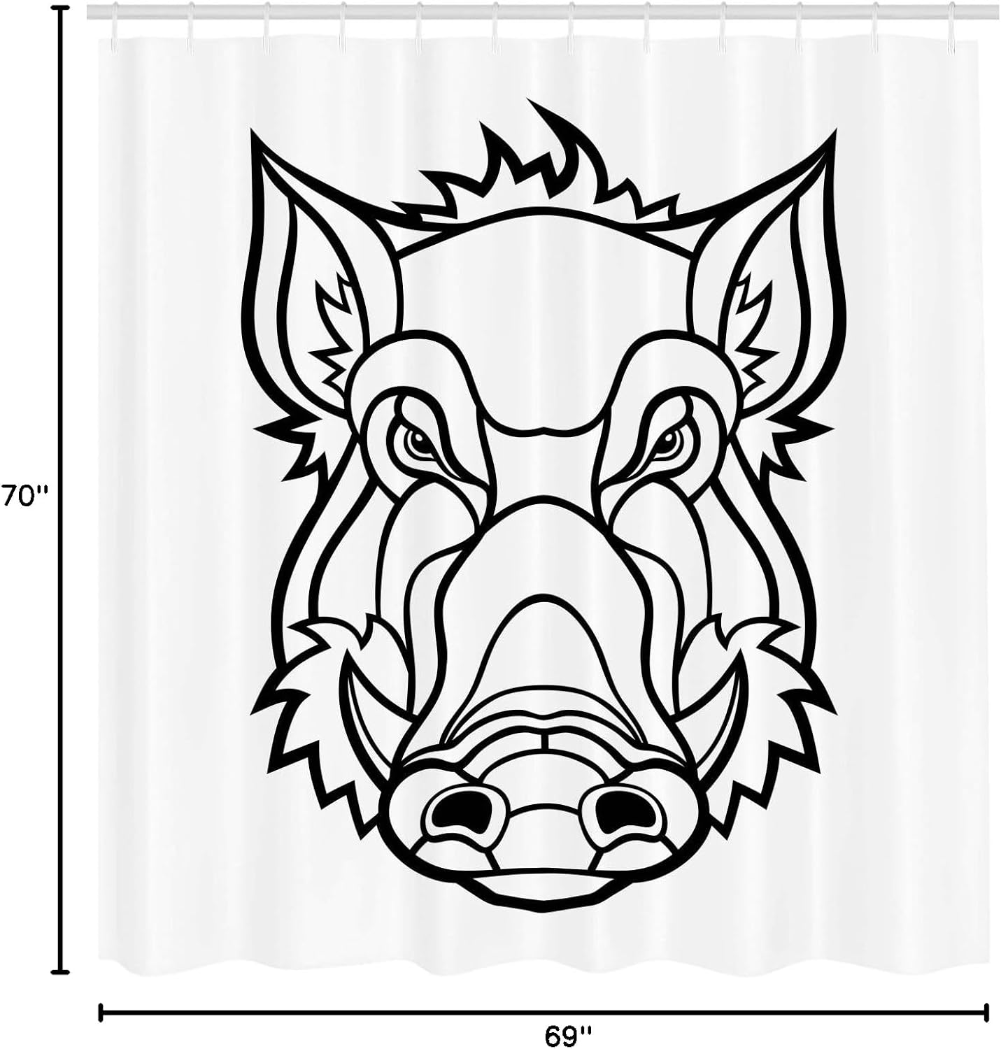 Ambesonne Razorback Shower Curtain, Uncolored Outline Design Drawing of Wild Boar Pig Head Illustration, Cloth Fabric Bathroom Decor Set with Hooks, 69" W x 70" L, Charcoal Grey and White