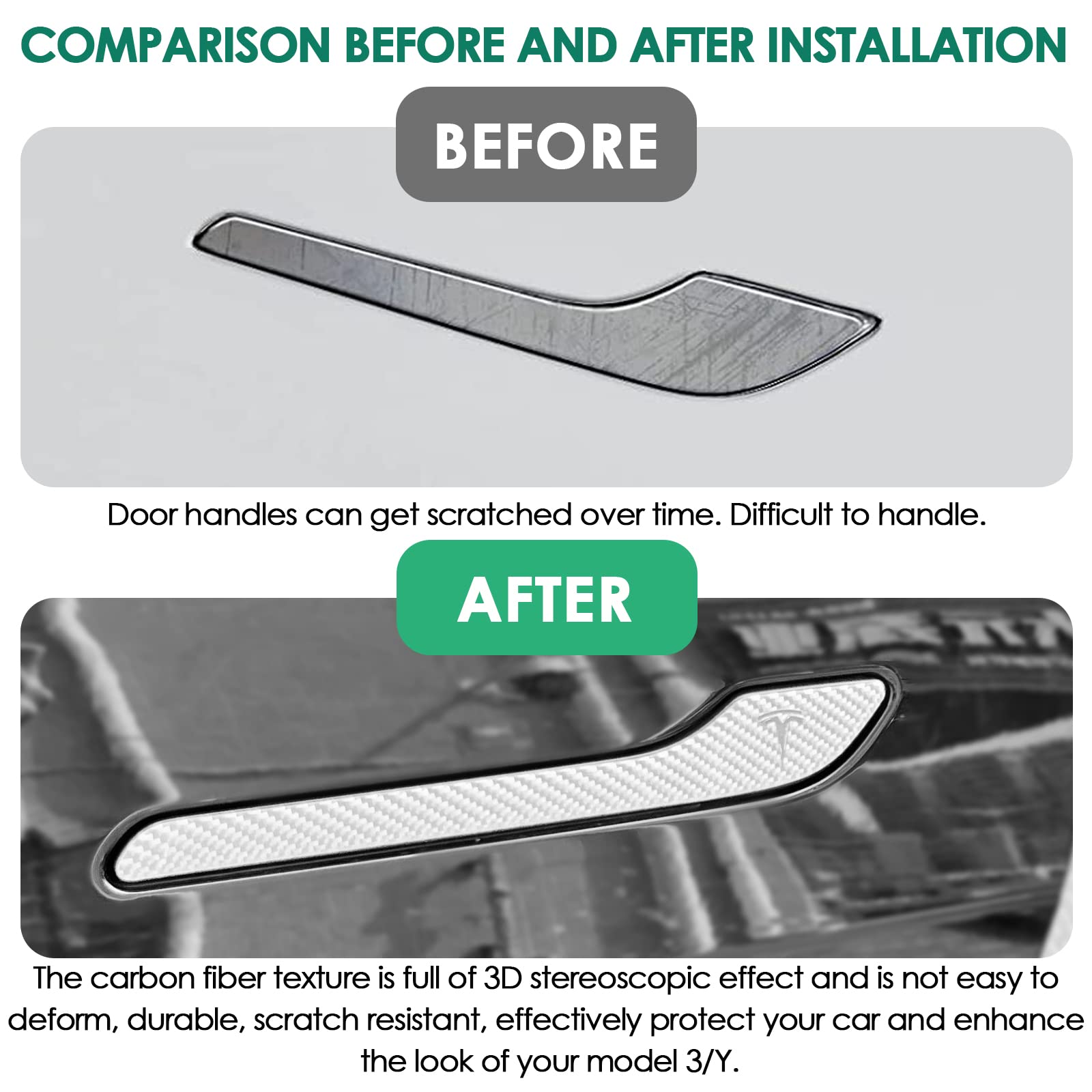 Matt Carbon Fiber Door Handle Covers For Tesla Model Y & Model 3 (2020-2026) – Easy Install, Scratch Protection, Highland & Juniper Compatible