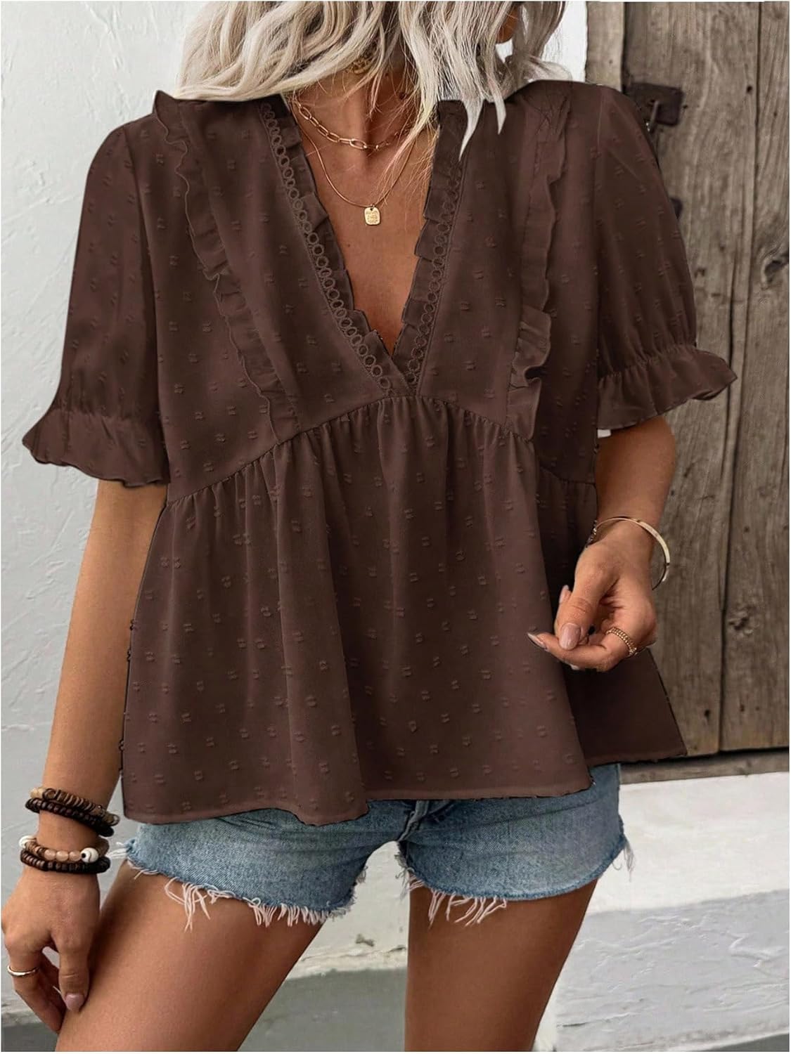 SweatyRocks Women's Plus Size Short Sleeve Peplum Blouse Frilled V Neck Swiss Dots Tops - Image 4