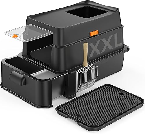 HTii-ë® XXL Stainless Steel Cat Litter Box with Drawer, Extra Large Box for Cats, Enclosed Metal Kitty Litter Box with Litter Scooper, Odor-Urine-Proof, Non-Sticky, Easy Rinse Cleaning