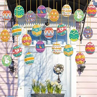 12Pcs Hanging Easter Egg Ornaments - Colorful Paper Easter Tree Decorations, Double-Sided Cartoon Rabbit & Floral Egg Cutouts for Party, School Classroom Ceiling Decor, Spring Home Wall Art