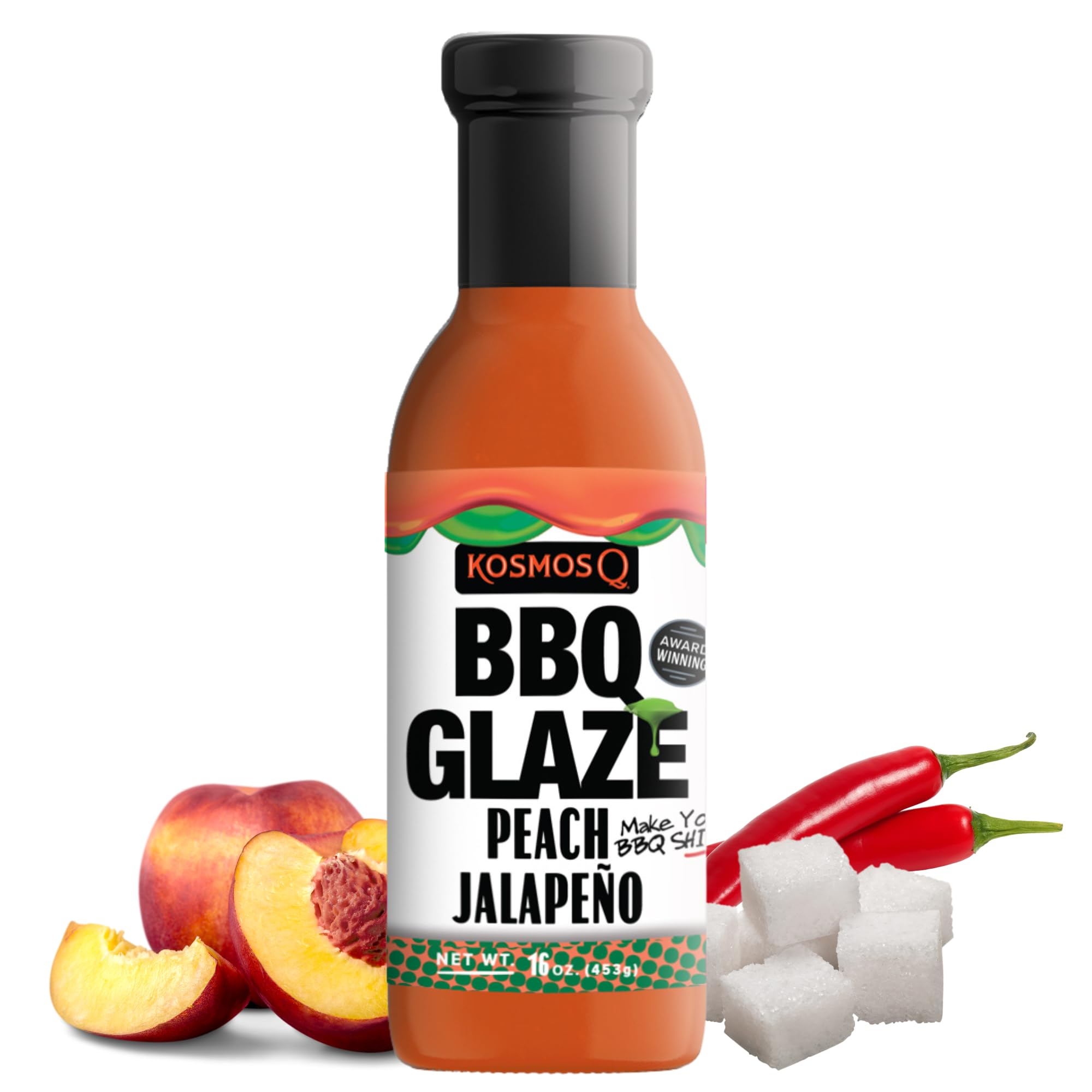 Kosmos Q Peach Jalapeno BBQ Glaze, Sweet and Spicy BBQ Sauce for Pork, Ribs, Chicken, or Brisket, Competition-Ready Barbecue Glaze with Real Peach and Jalapeno Flavor, American Made, 16 Oz Bottle
