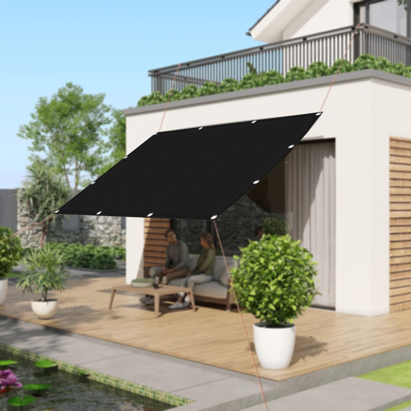 Voile d'ombrage carré 5,5x5,5m noir avec corde et oeillets pour terrasse