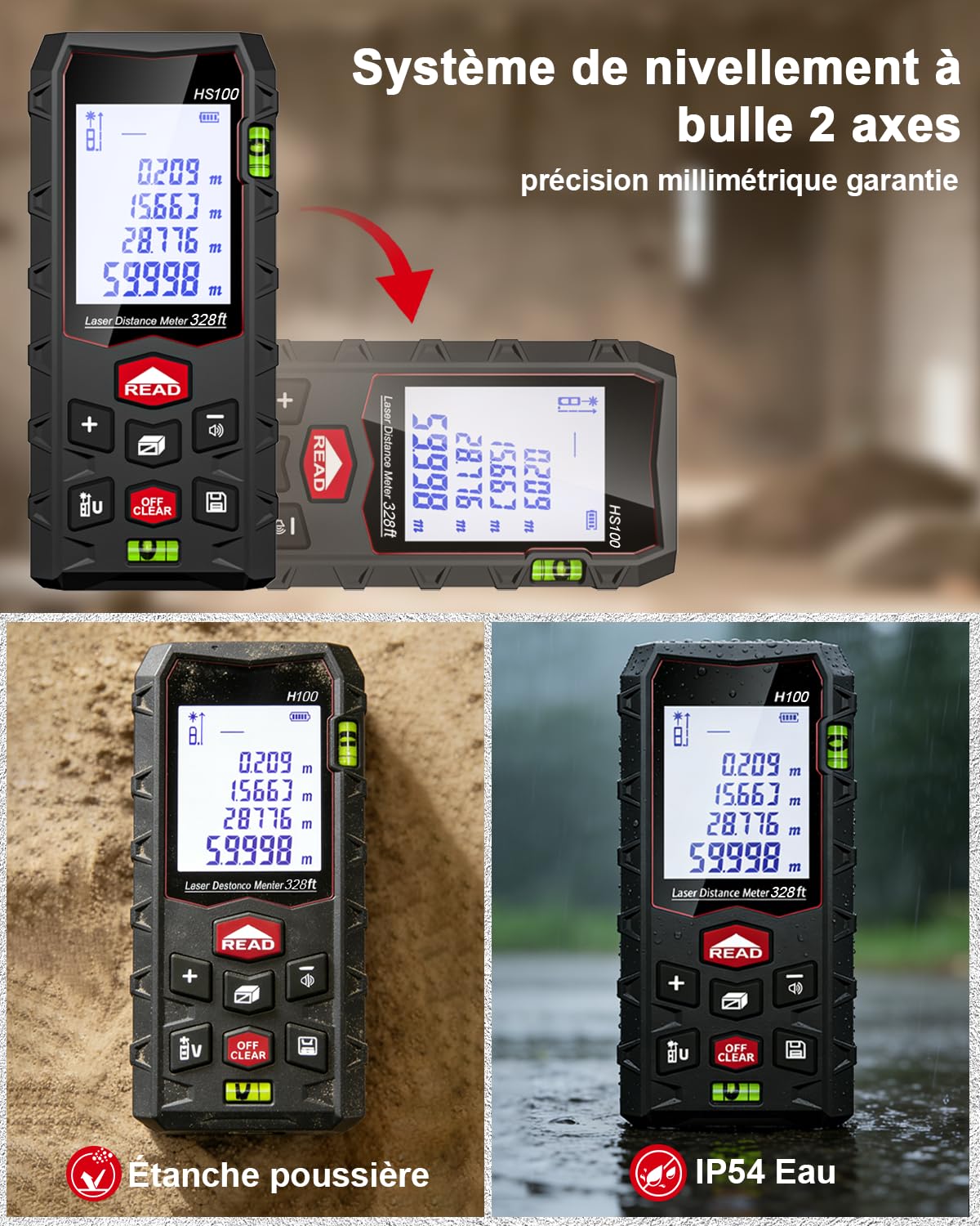 Télémètre Laser Numérique Professionnel, Mètre Laser, Portée 60m/100m, Double Niveau d’Alignement, Étanche IP54, Surface, Volume, Grand Écran LCD Rétro-éclairé, Intérieur Extérieur