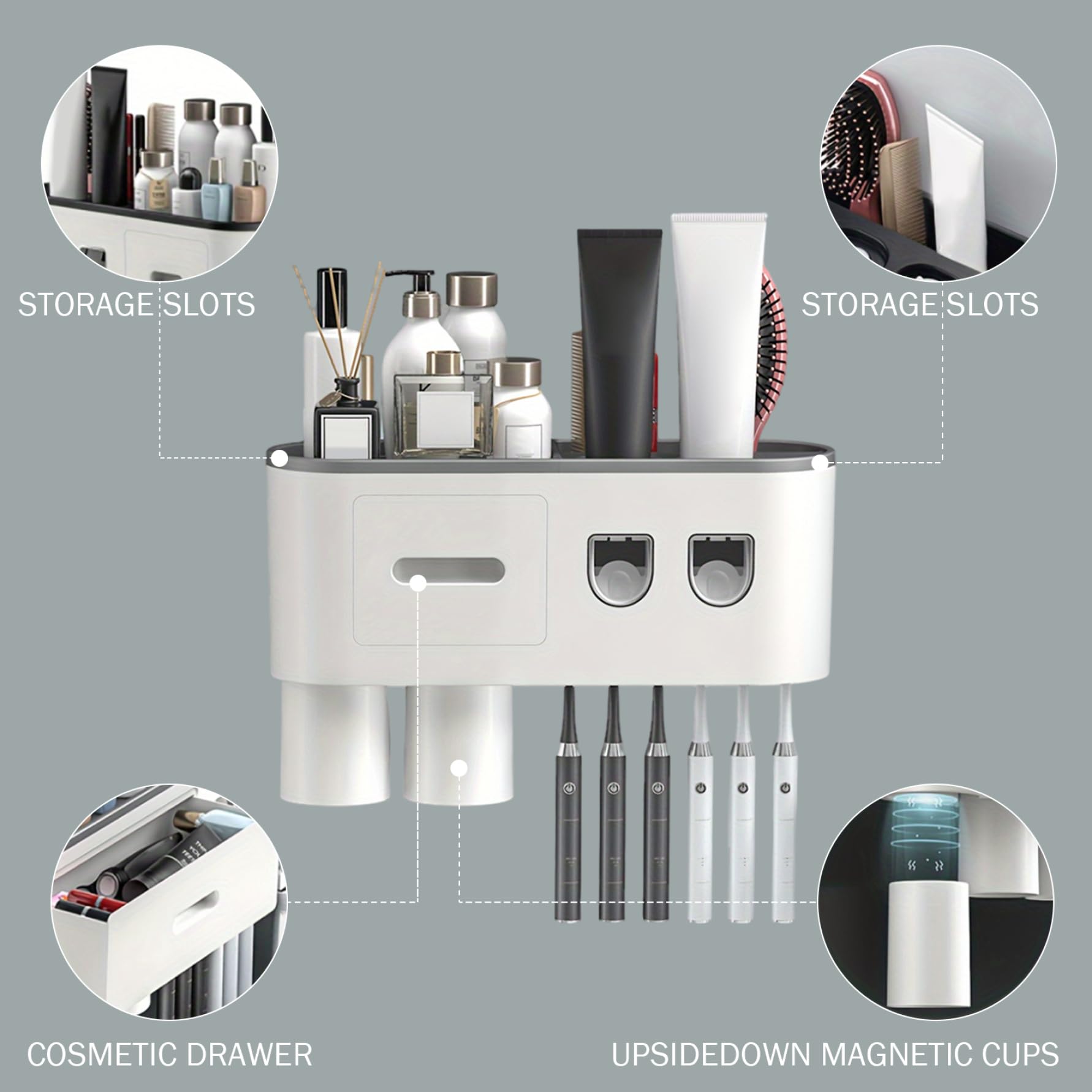 Soporte for cepillos de Dientes montado en la Pared, dispensador automático de Pasta de Dientes, Organizador de baño sin Taladro for Almacenamiento en la encimera,
