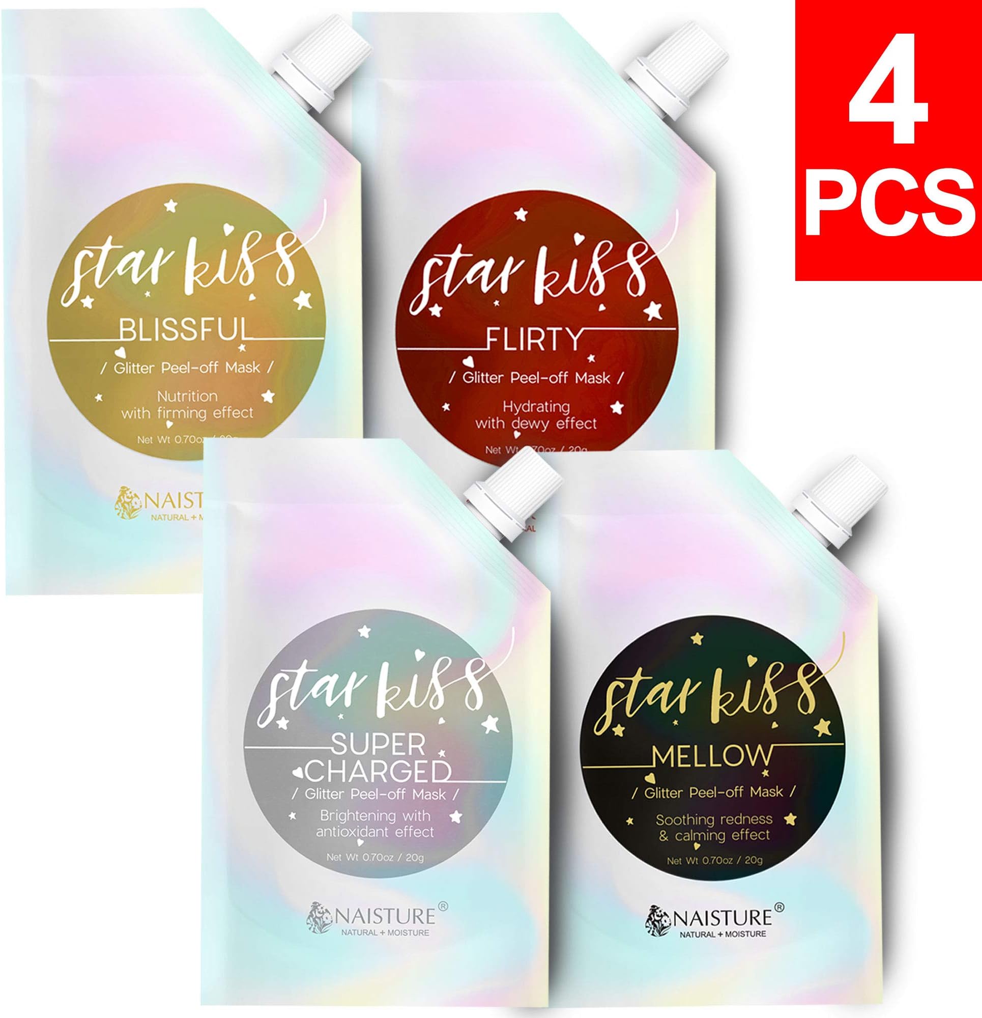 Naisture Star Kiss Glitter Peel-Off Mask 4 Set (Super Charged, Flirty, Blissful, Mellow), Remove Skin Impurities and Dead Skin for Smooth and Brightening Effect, 20G / 0.71 OZ EA