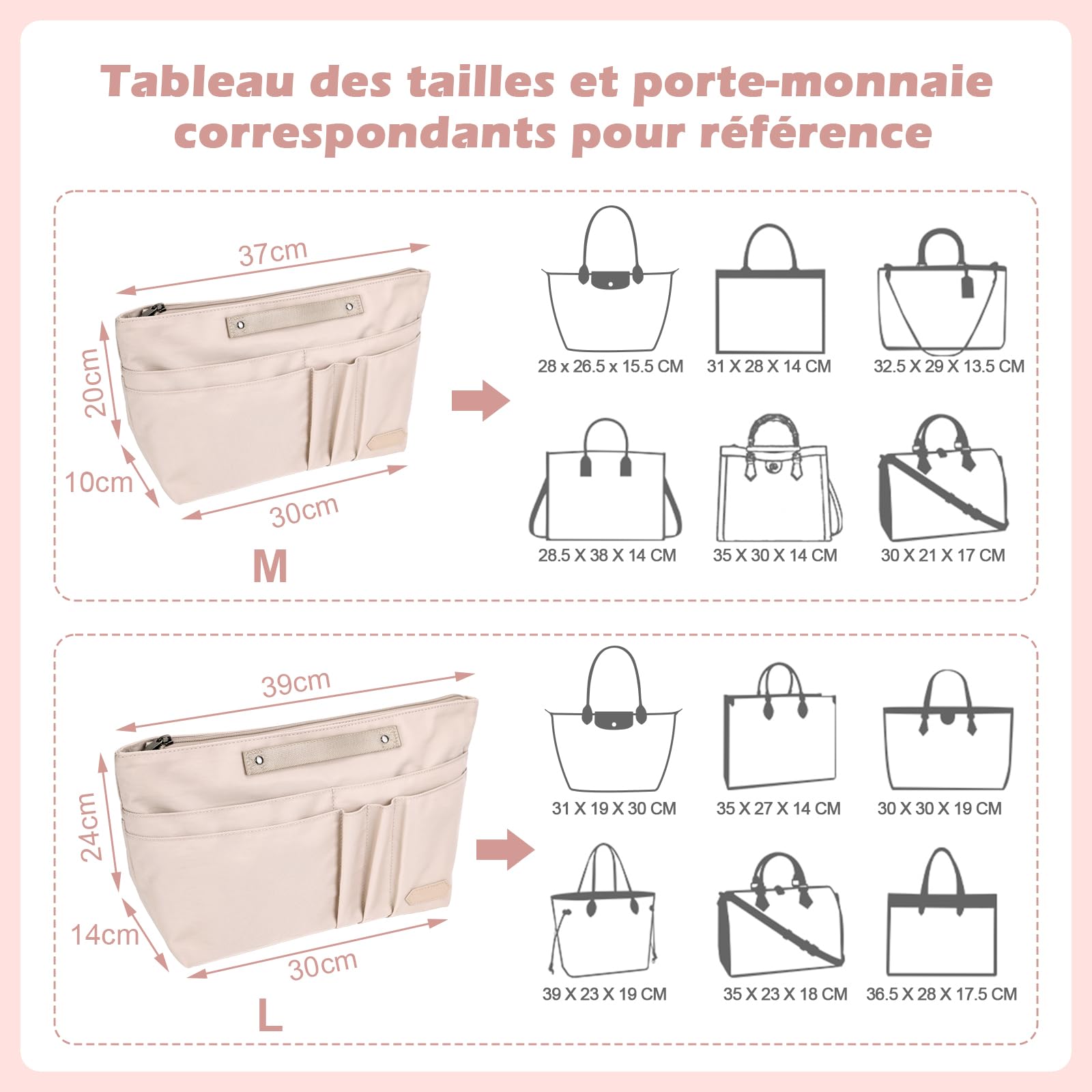 GADITIEK Organisateur Sac à Main Polyester avec Fermeture Multi Poches pour Longchamp Sac Pliage Femmes Beige L
